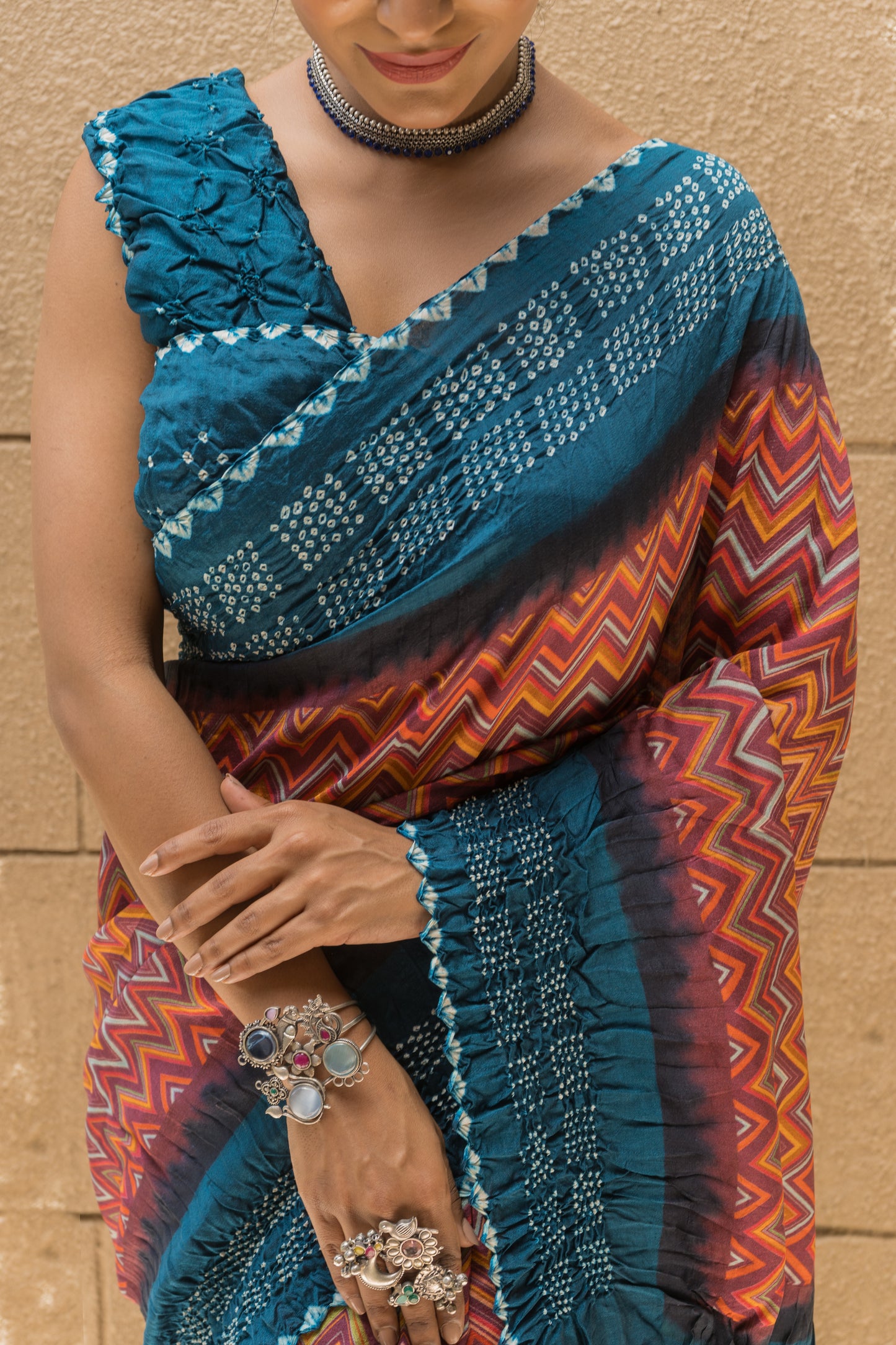 Chiniya Zig-Zag Bandhej Saree (Wine Blue)