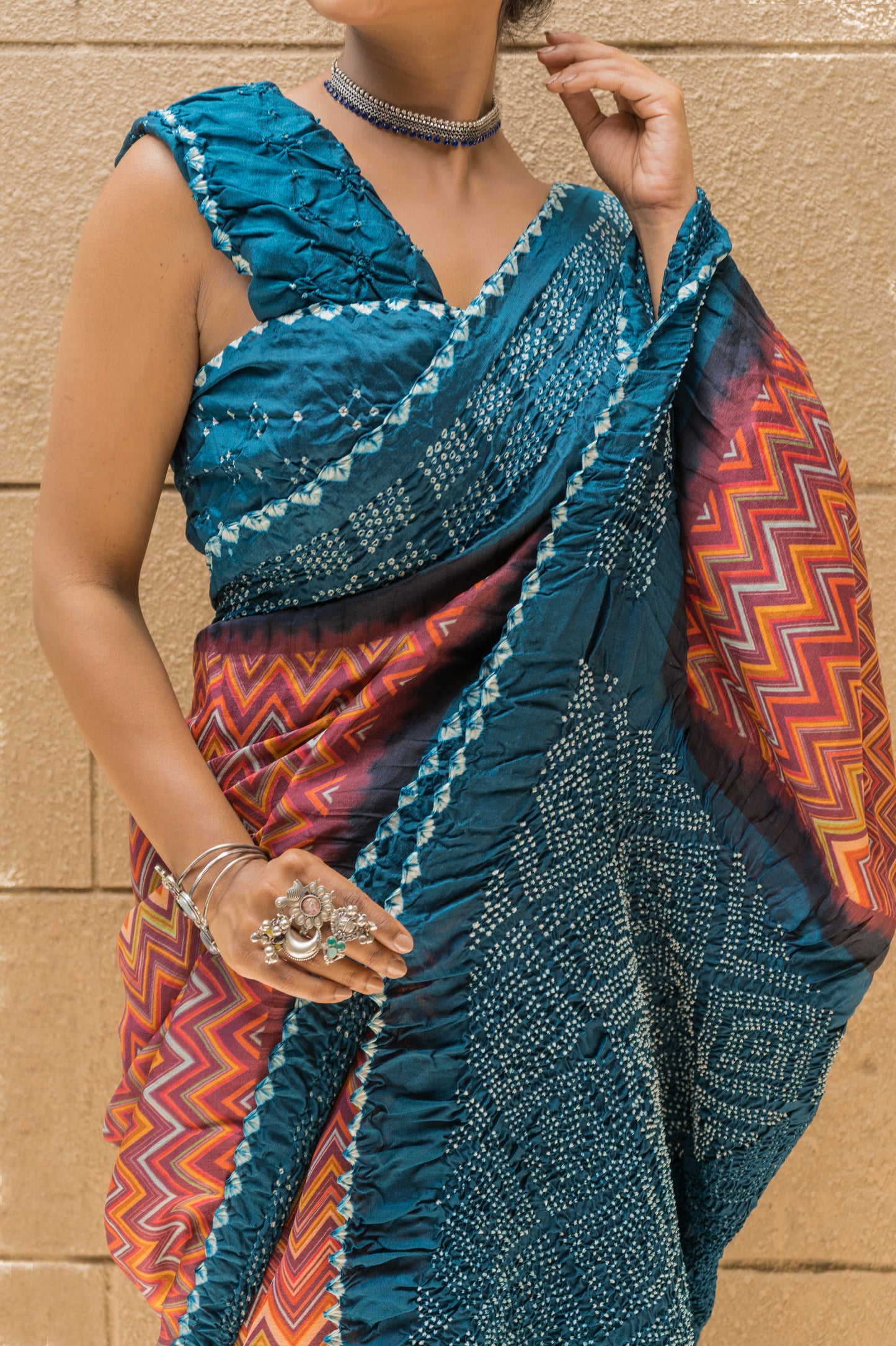 Chiniya Zig-Zag Bandhej Saree (Wine Blue)