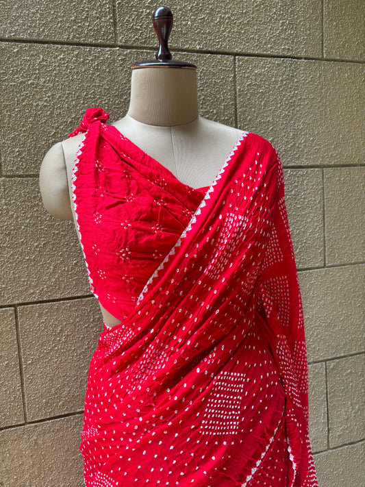 Red (White Rai Dana) Bandhej Saree