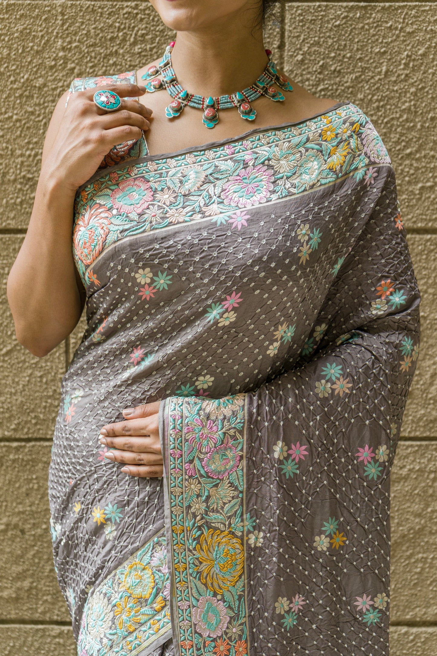 Grey Bandhej Meenakari Saree