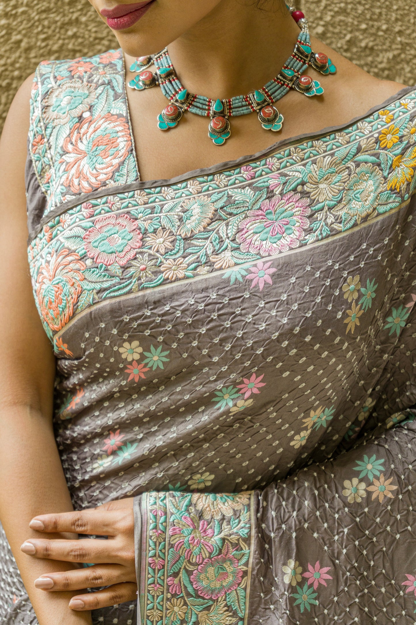 Grey Bandhej Meenakari Saree