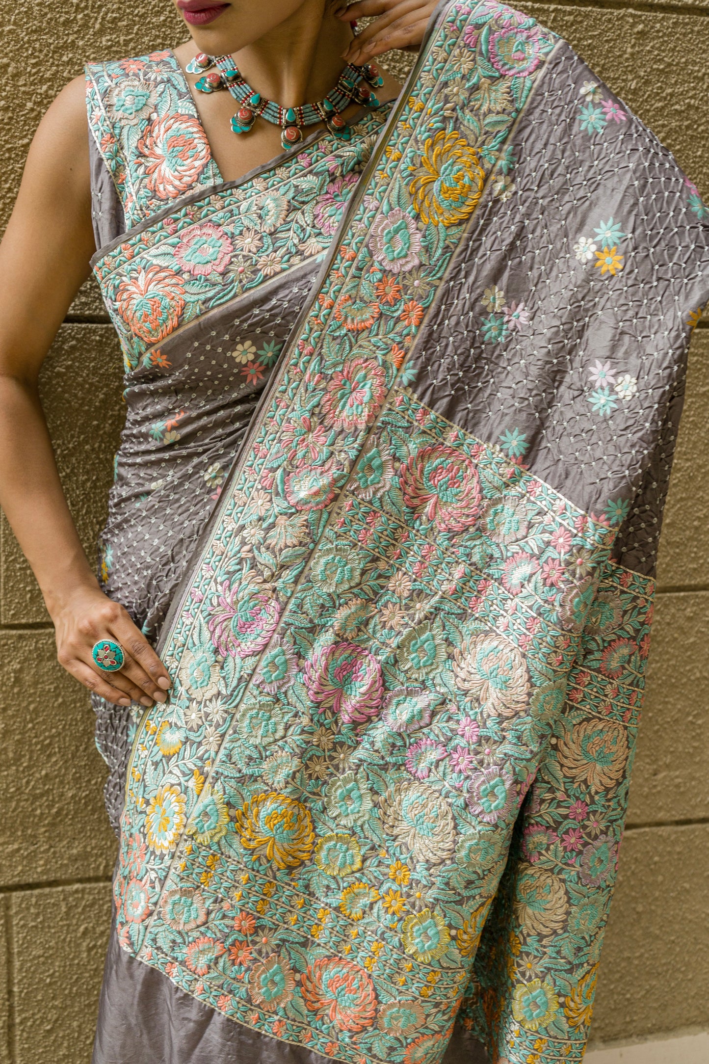 Grey Bandhej Meenakari Saree