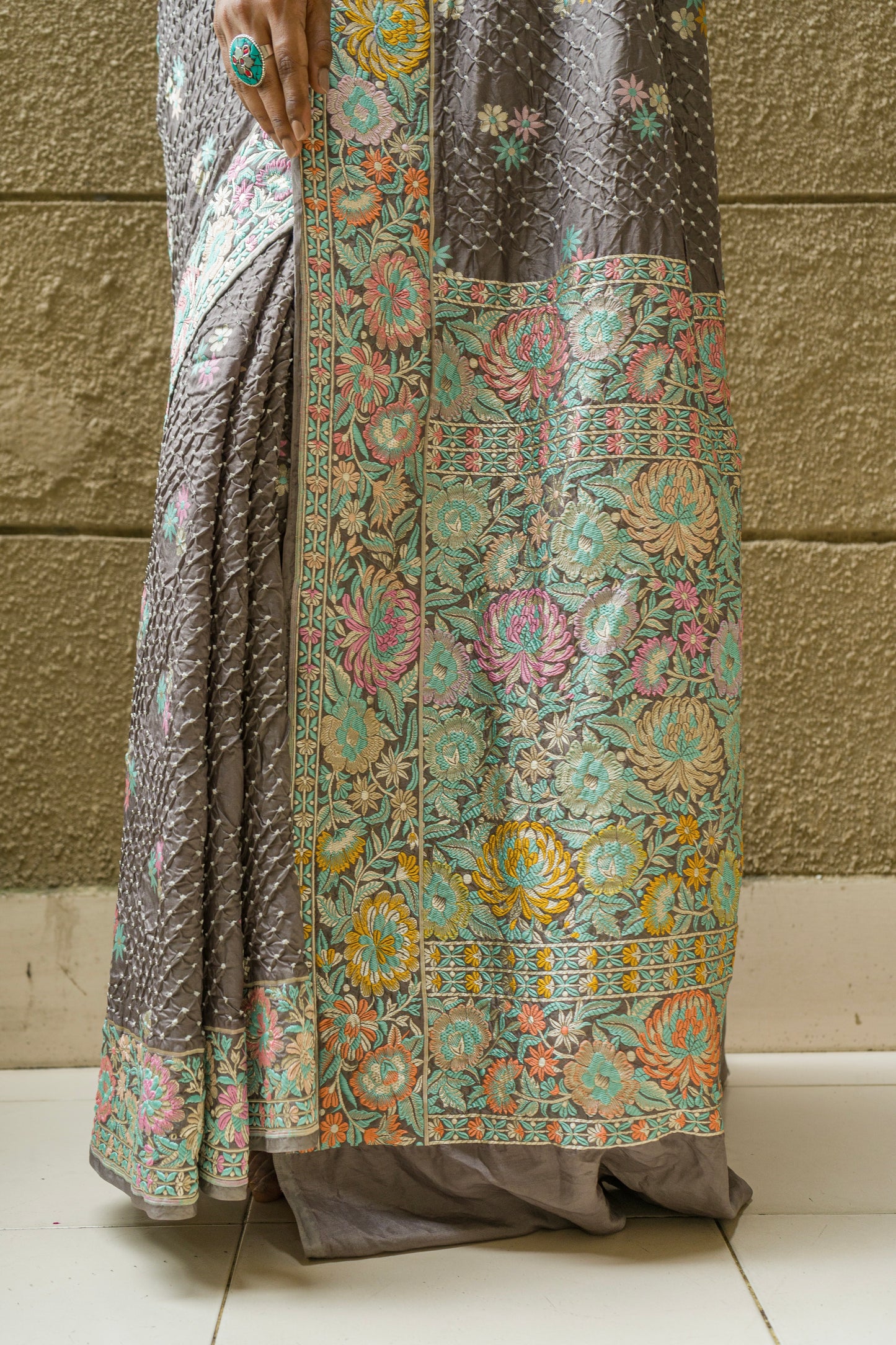 Grey Bandhej Meenakari Saree