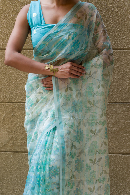 Linen Floral Printed Zari Stripes Aasmani Saree