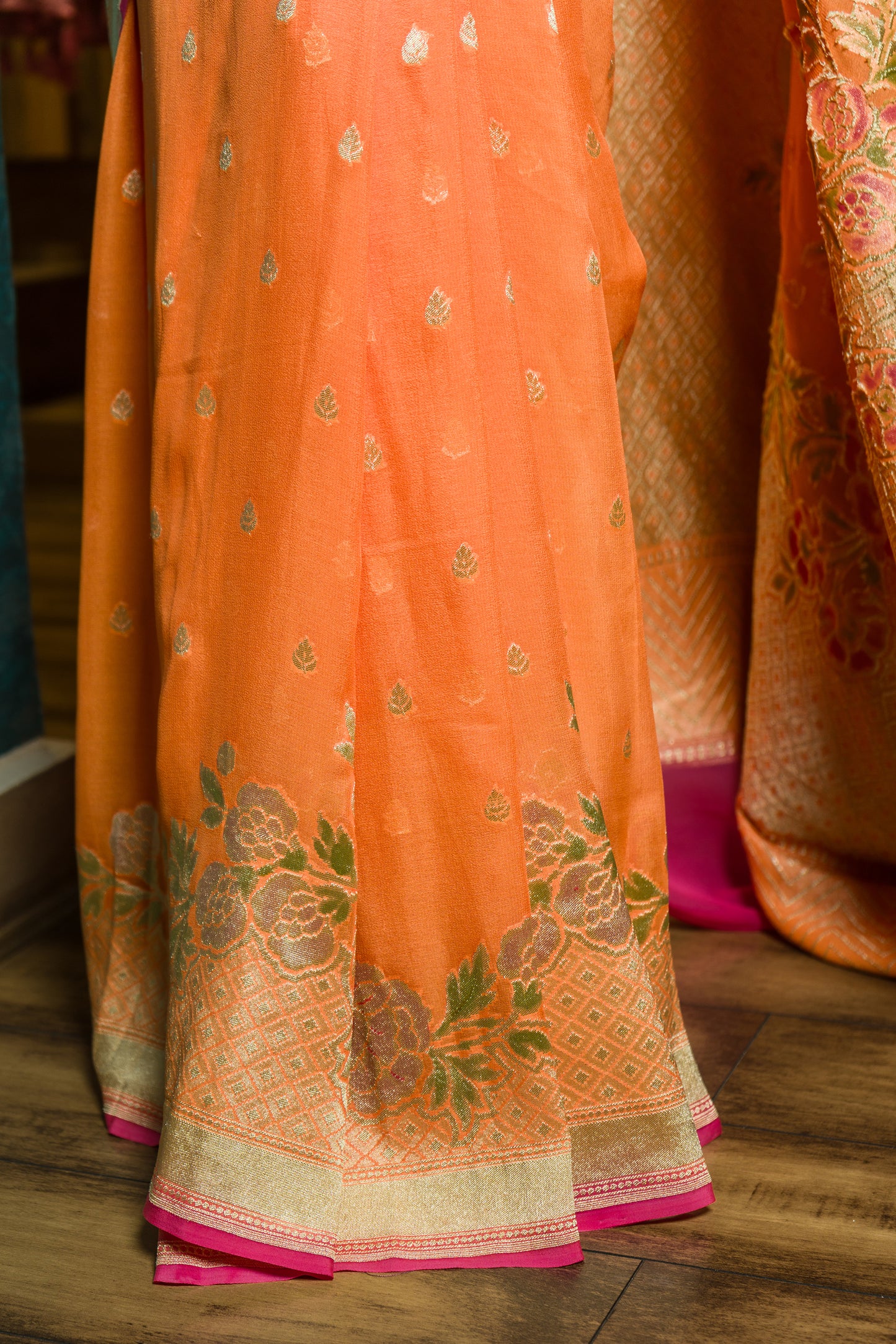 Khaddi Orange Floral Zari Saree