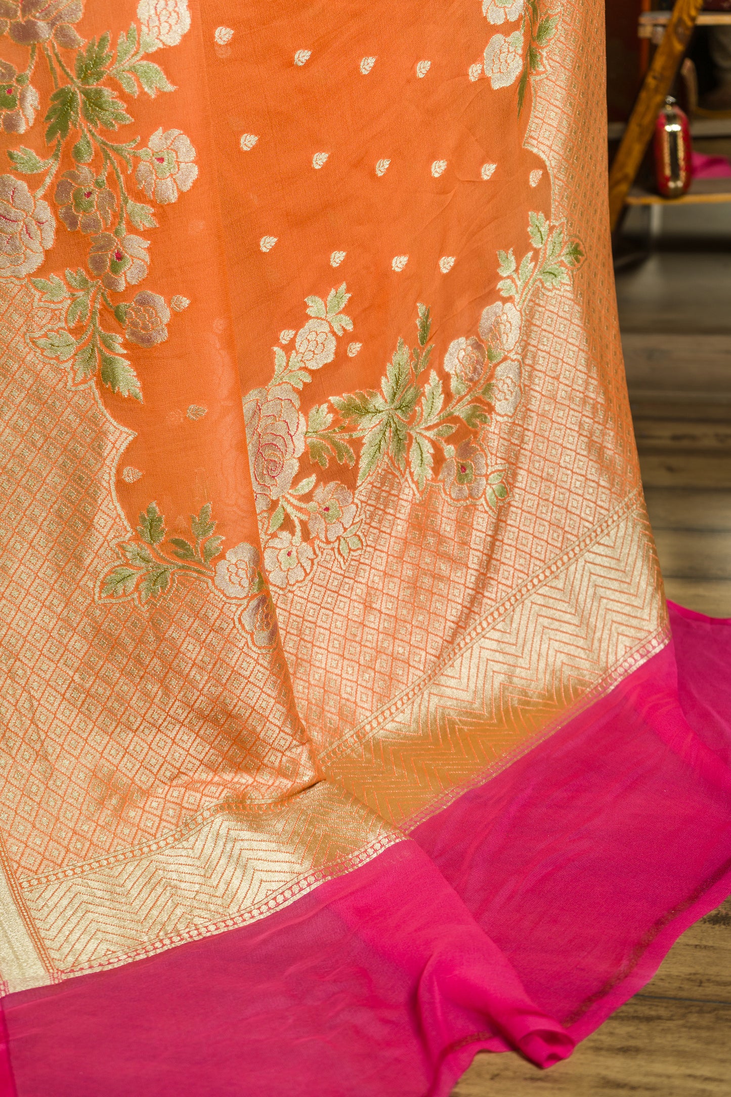 Khaddi Orange Floral Zari Saree