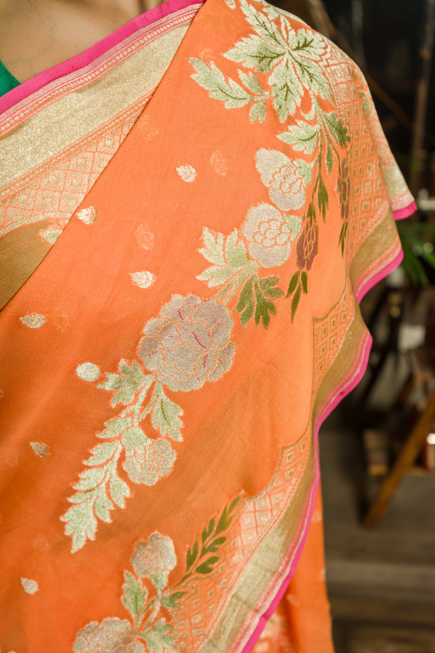 Khaddi Orange Floral Zari Saree