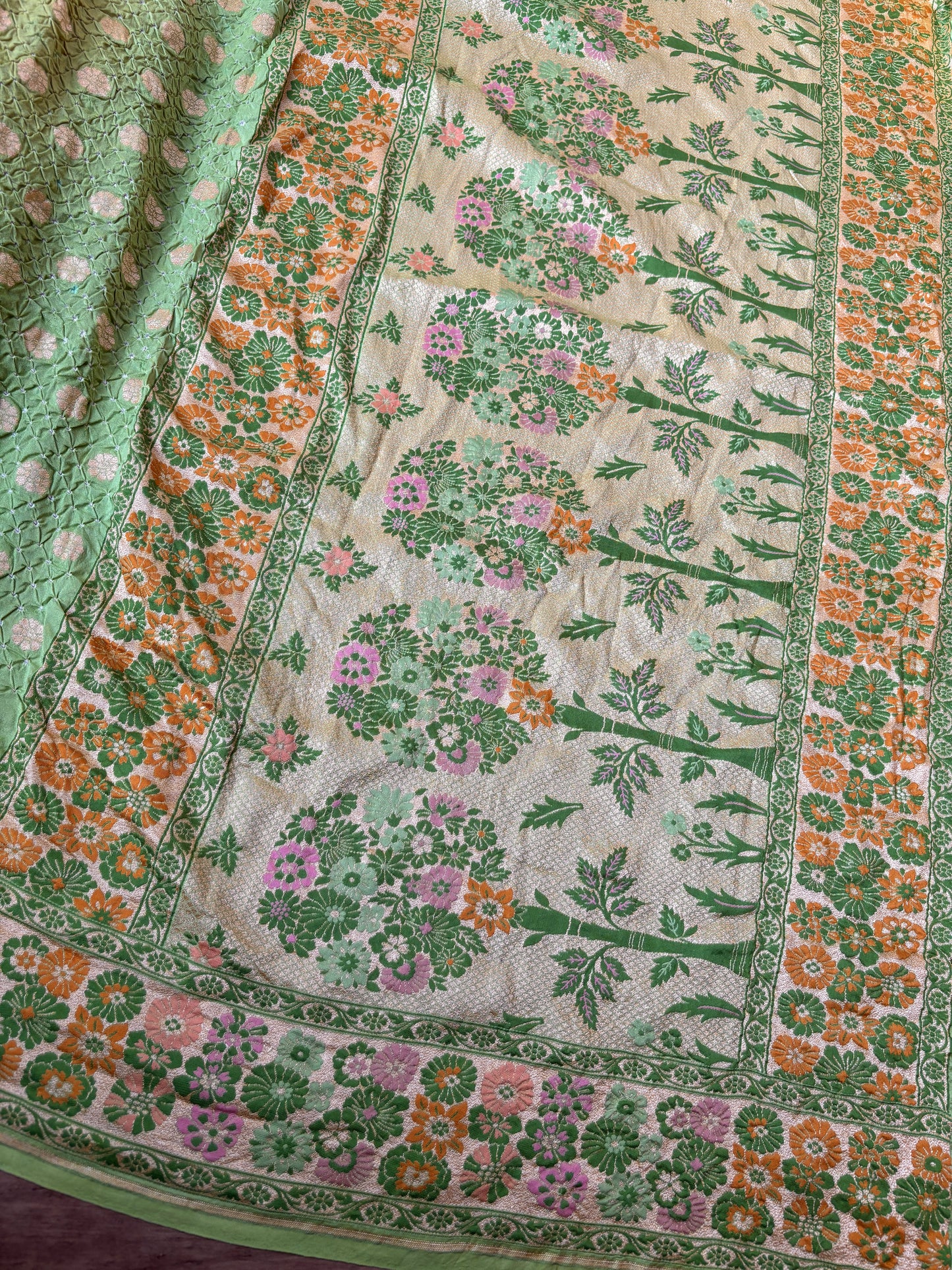 Tusser Paithani Rai Dana Bandhej (Green - Yellow) Saree