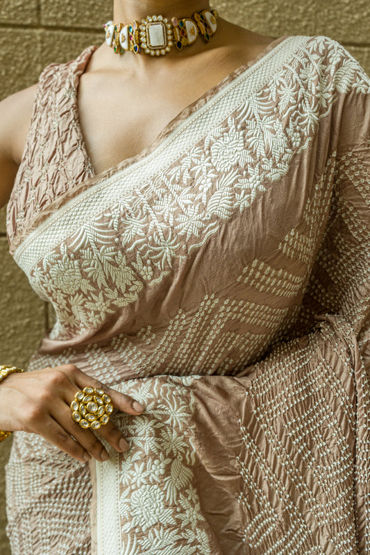 Katan Parsi Pastel Brown Rai Dana Bandhej Saree