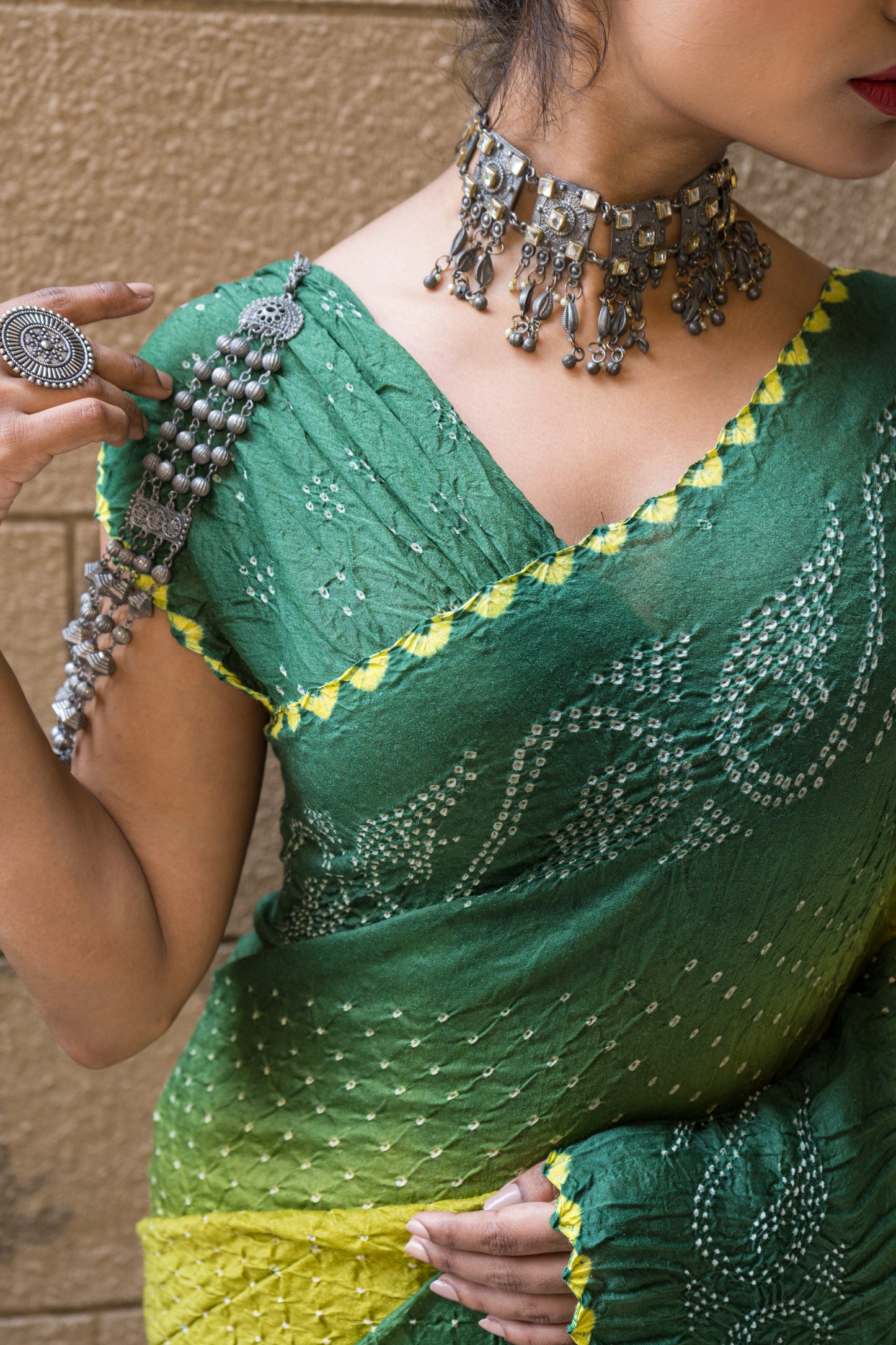 Moonga Rai Dana Bandhej Shaded Green Saree