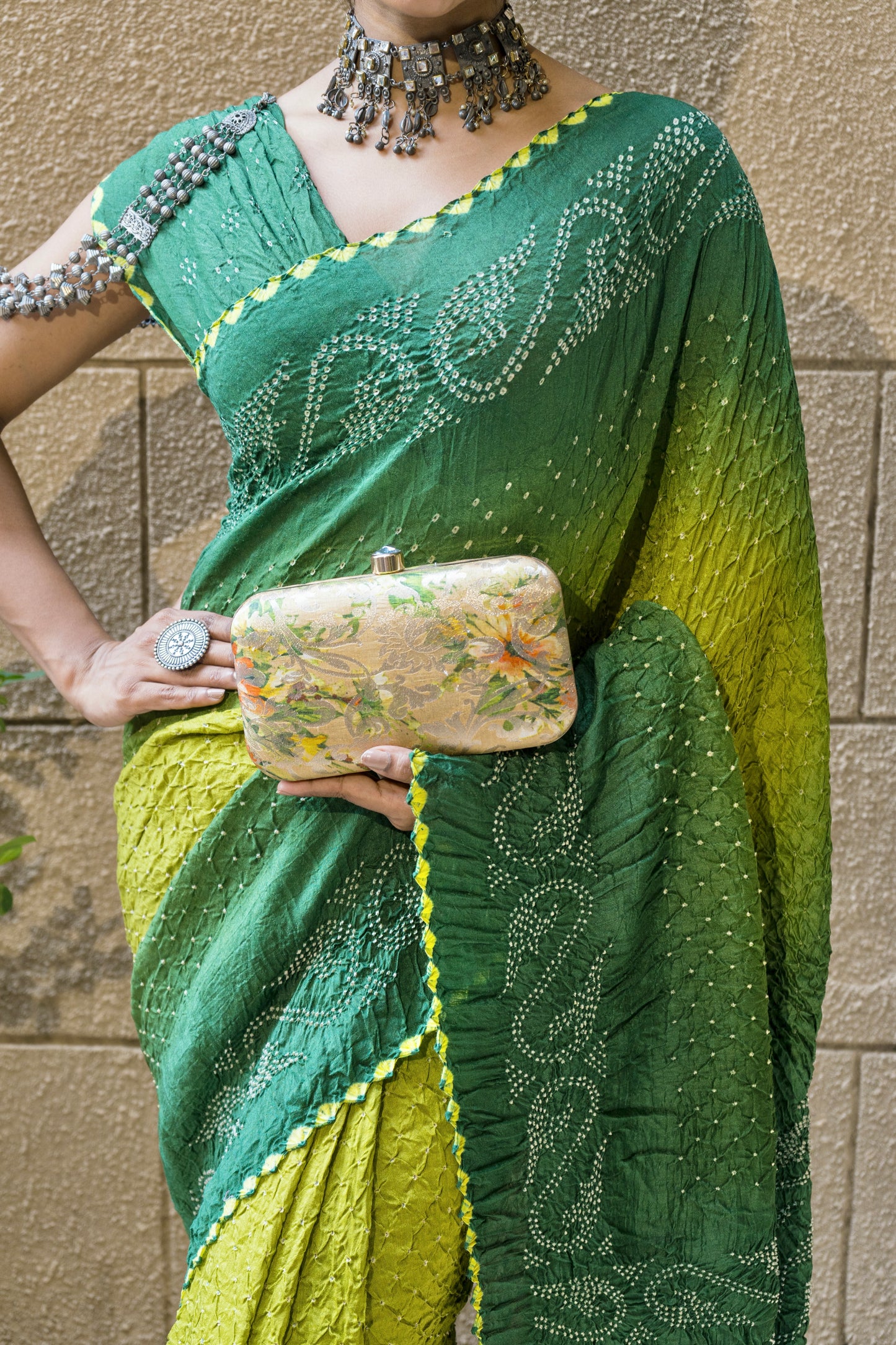 Moonga Rai Dana Bandhej Shaded Green Saree