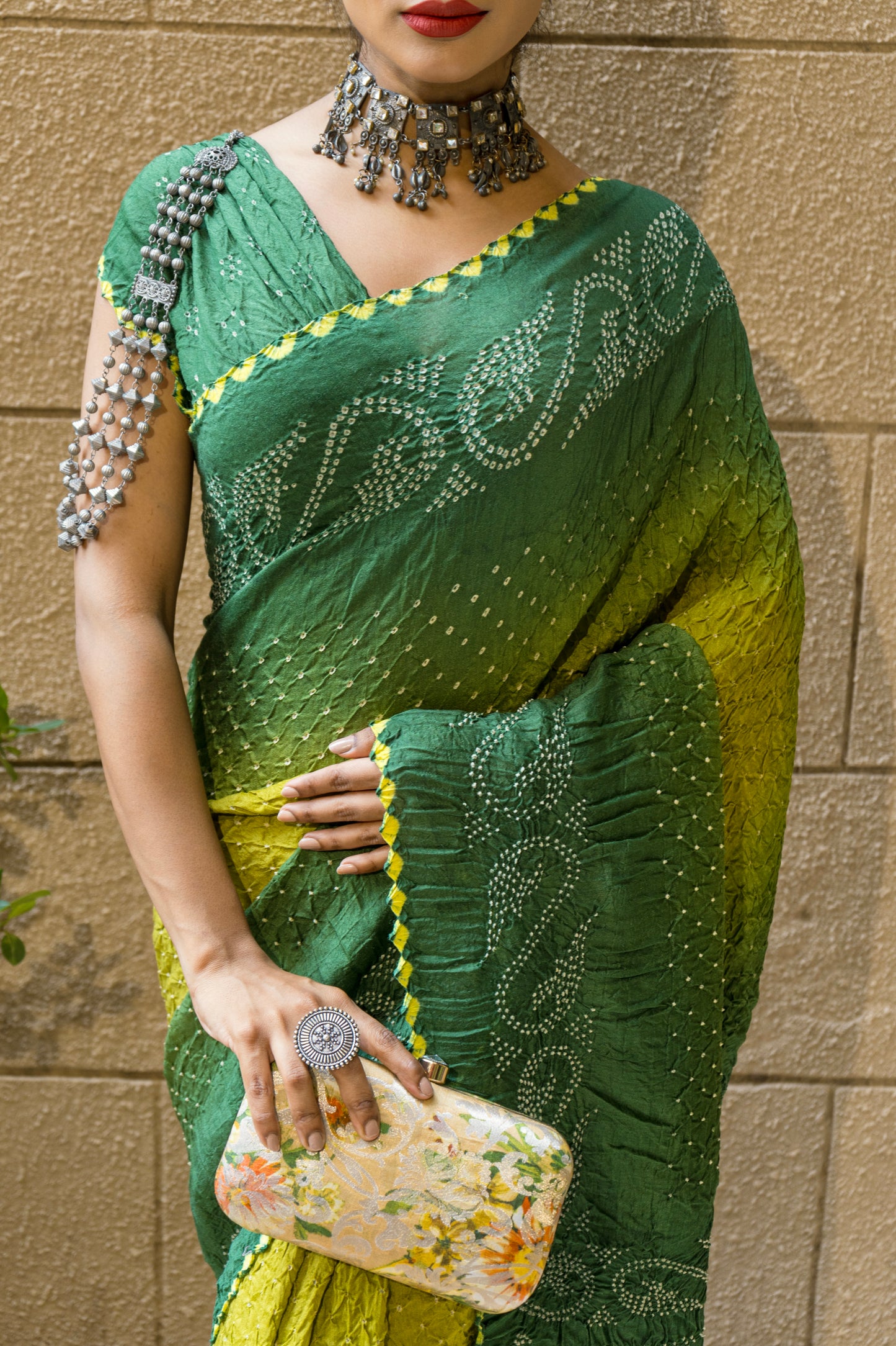 Moonga Rai Dana Bandhej Shaded Green Saree