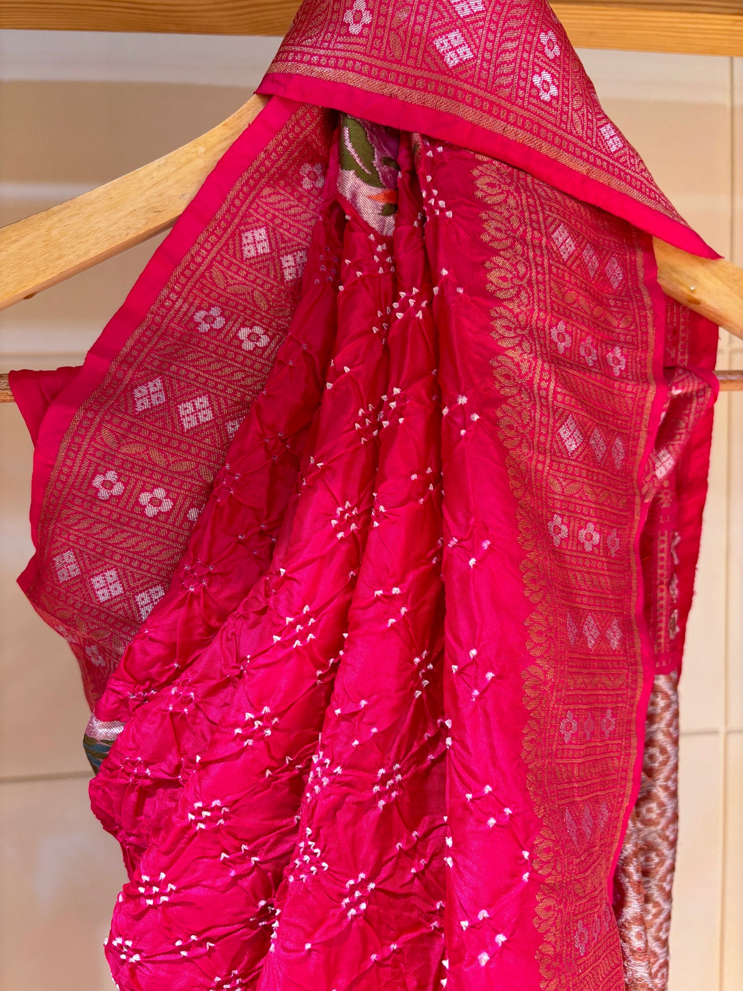 Paithani Patch Rai Dana Bandhej Saree (Hot Pink)