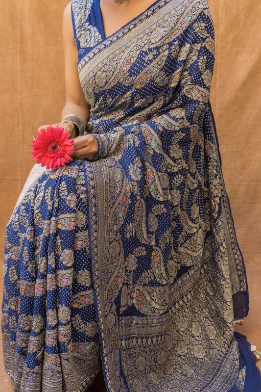 Kadhua Rai Dana Meenakari Royal Blue Bandhej Saree