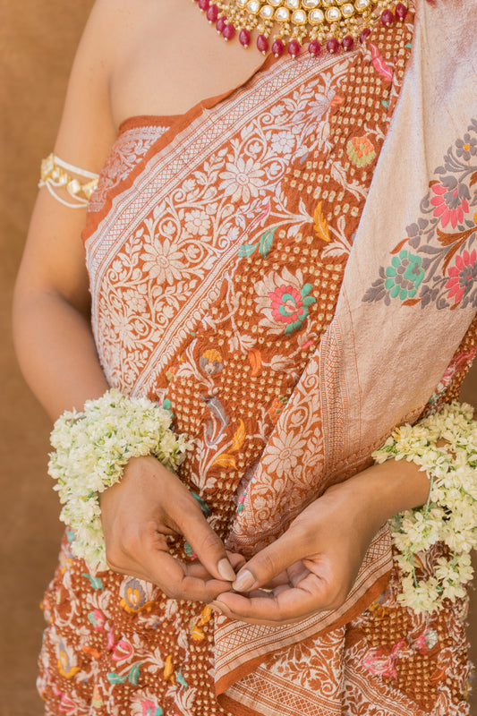 Meenakari Jaal Bandhej with Paithani Palla Brown Saree