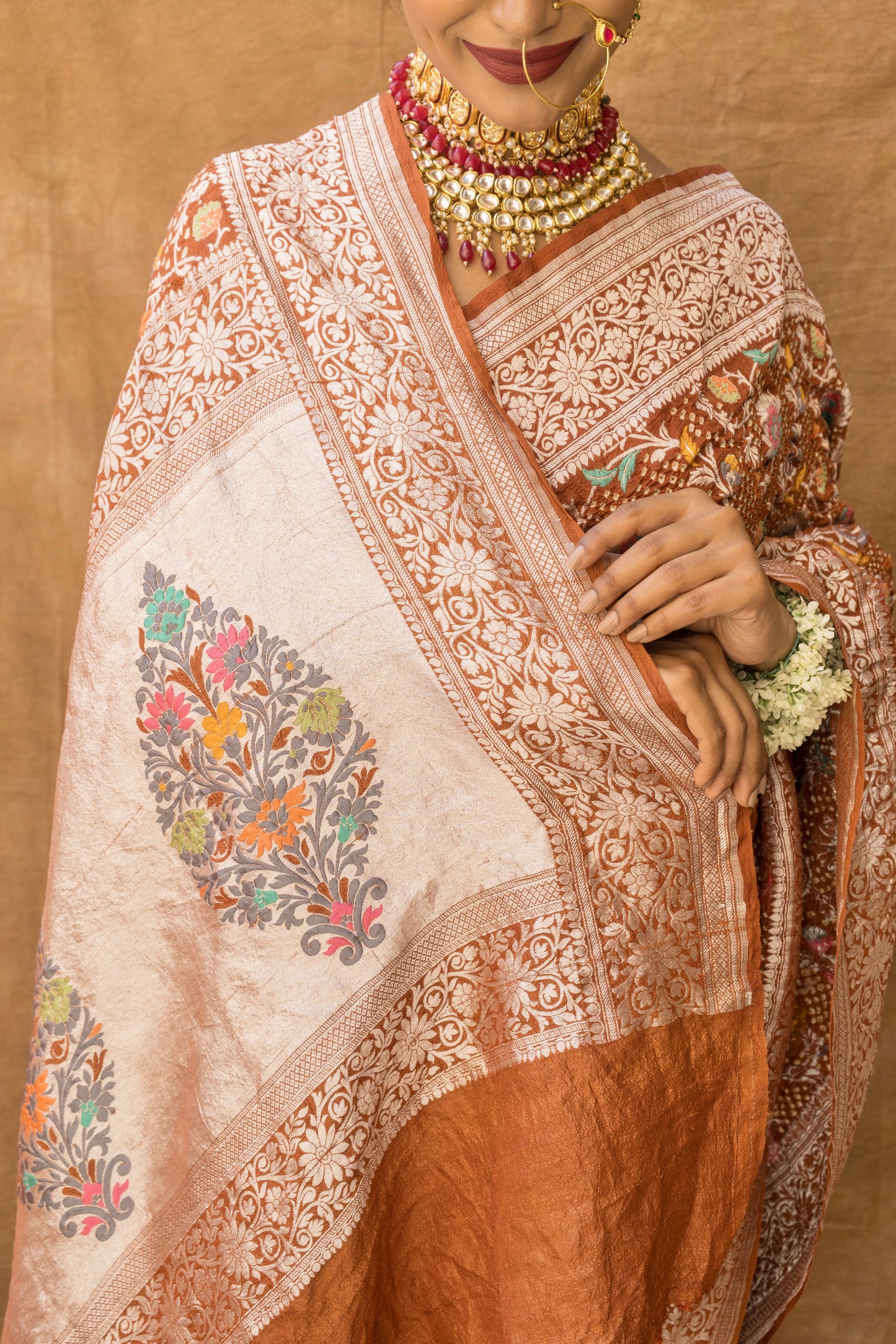 Meenakari Jaal Bandhej with Paithani Palla Brown Saree