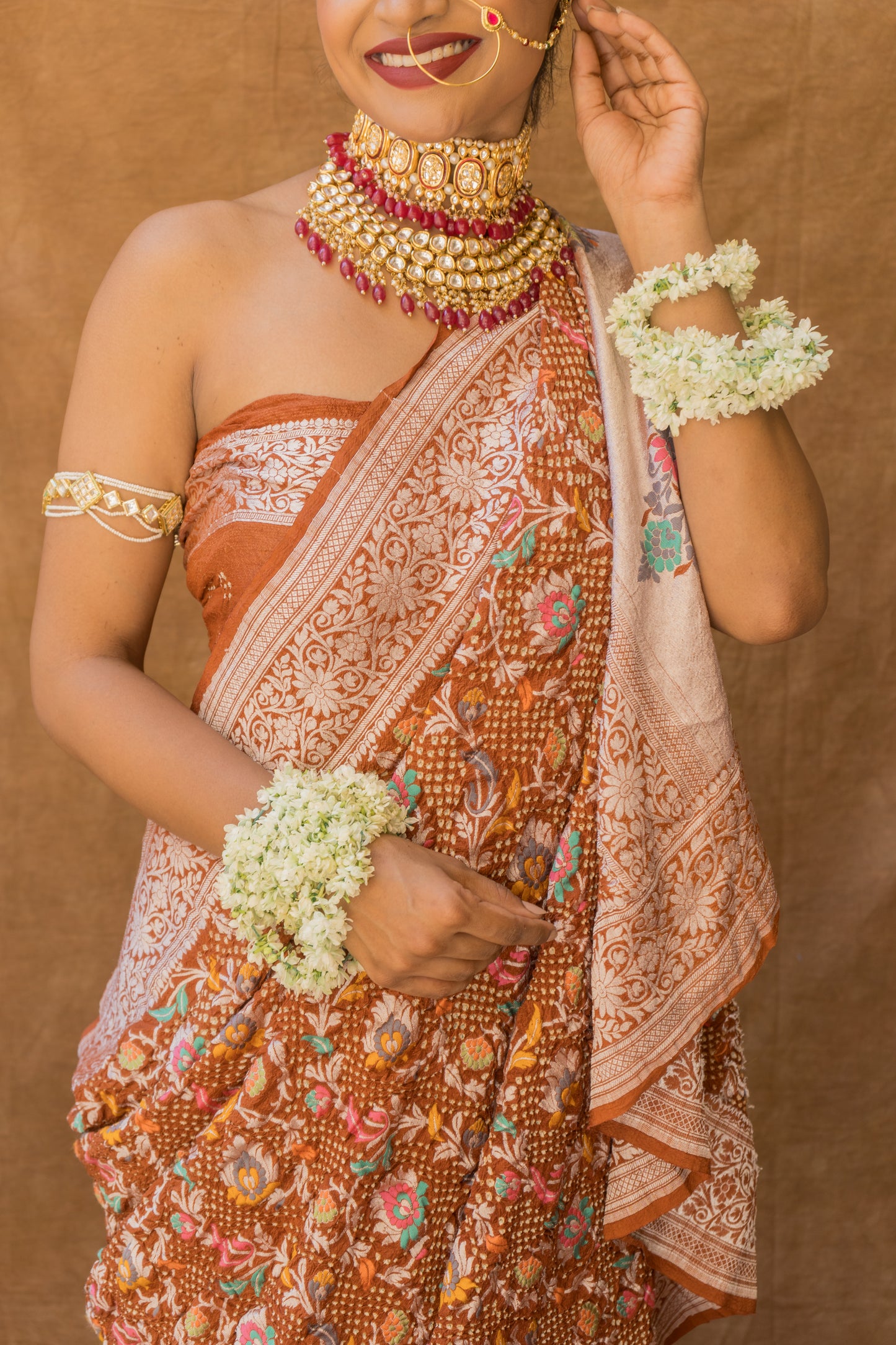 Meenakari Jaal Bandhej with Paithani Palla Brown Saree