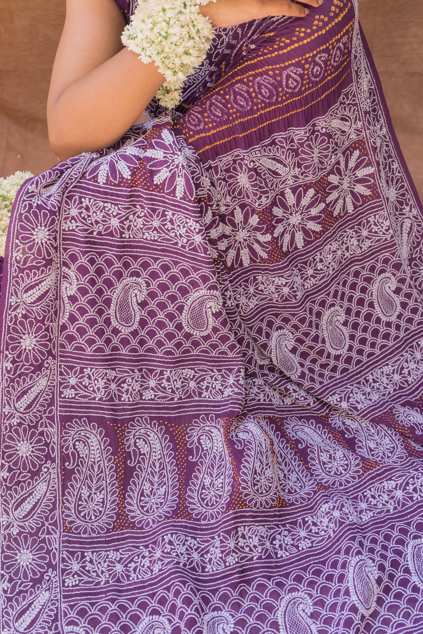 Georgette Lucknowi Purple Rai Dana Bandhej Saree