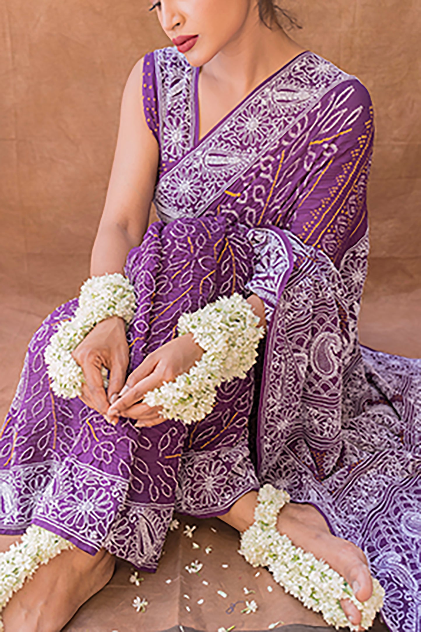 Georgette Lucknowi Purple Rai Dana Bandhej Saree