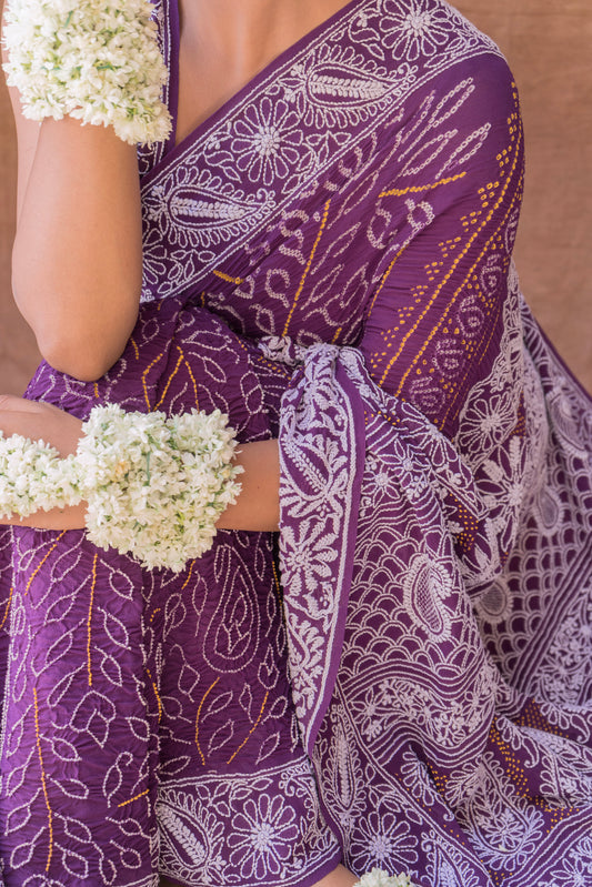 Georgette Lucknowi Purple Rai Dana Bandhej Saree