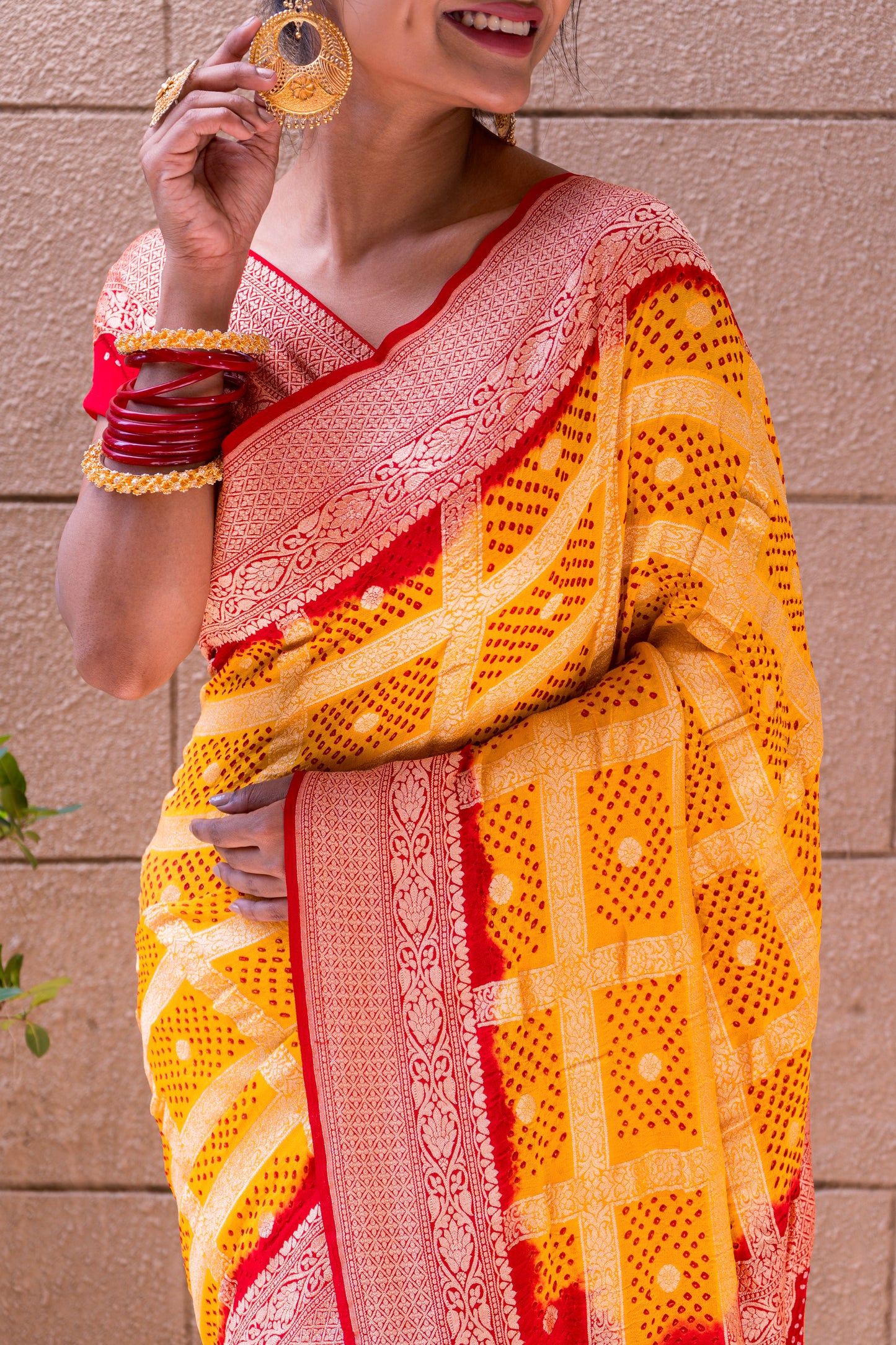 Yellow-Red Gharchola Bandhani Saree