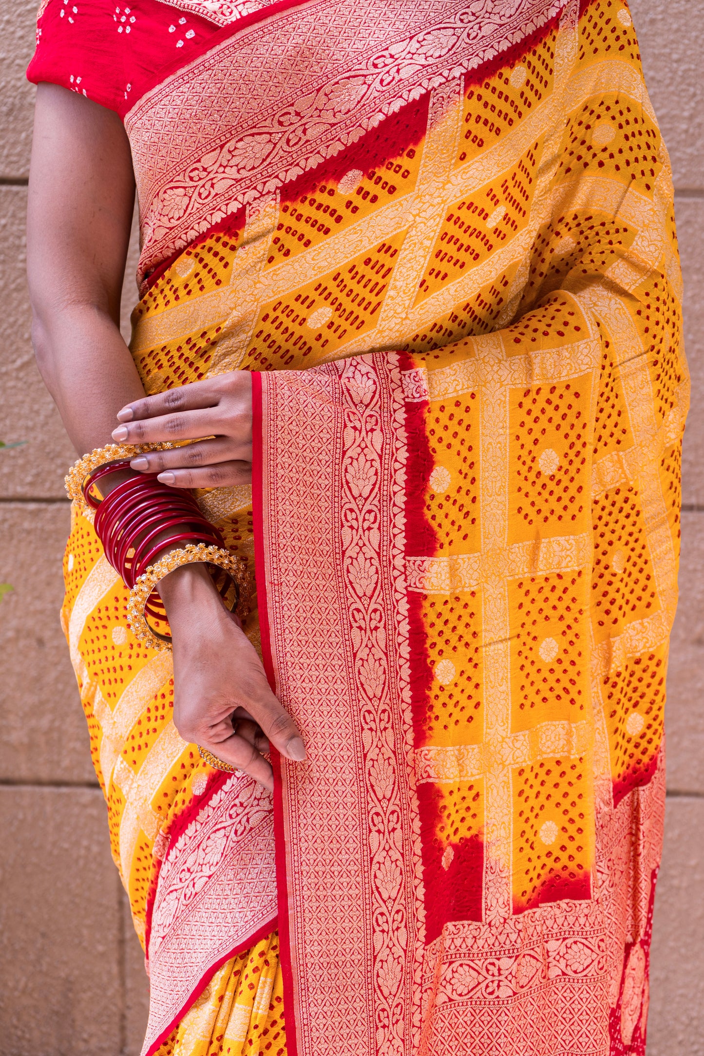 Yellow-Red Gharchola Bandhani Saree