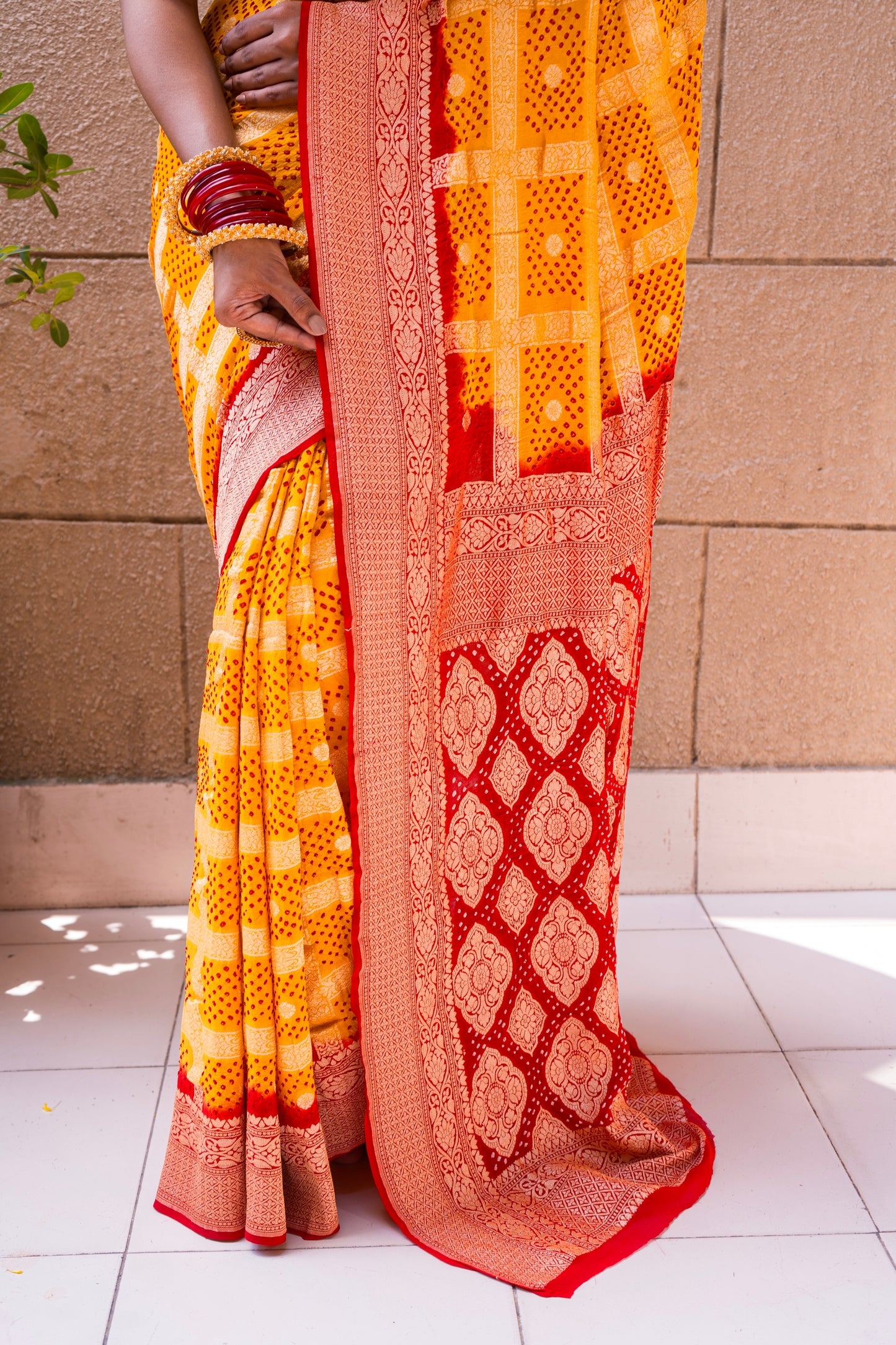 Yellow-Red Gharchola Bandhani Saree