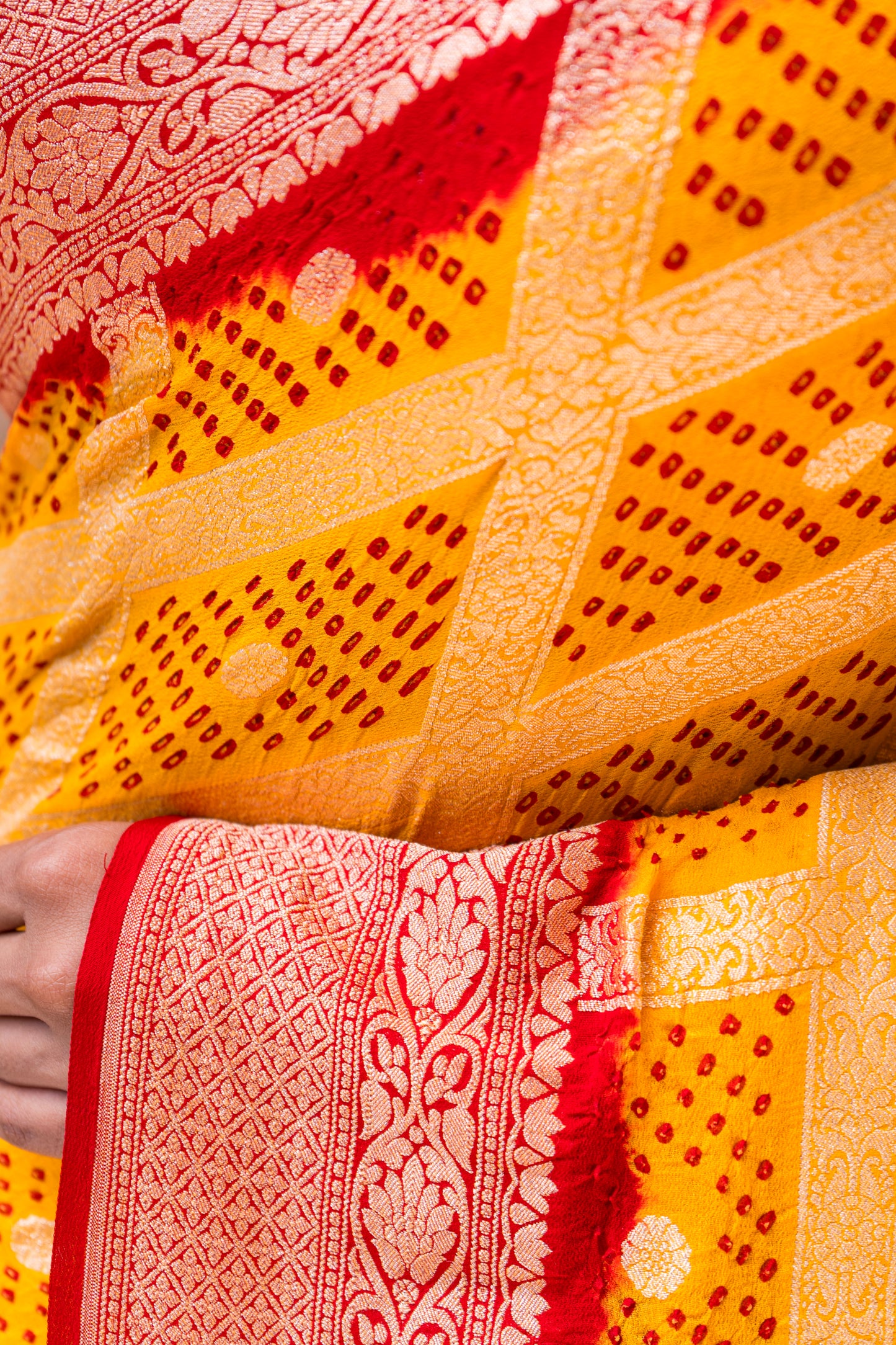 Yellow-Red Gharchola Bandhani Saree