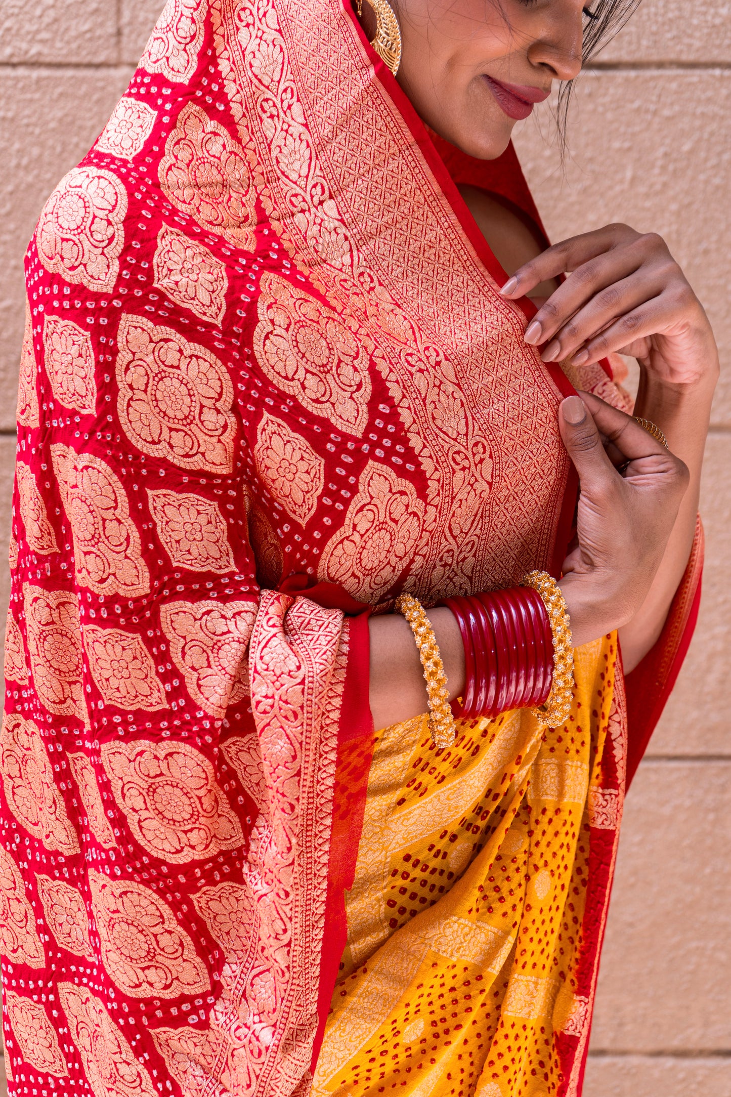 Yellow-Red Gharchola Bandhani Saree