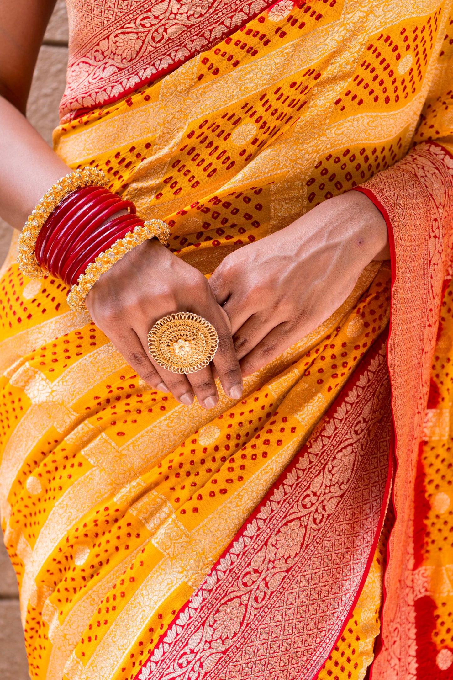 Yellow-Red Gharchola Bandhani Saree