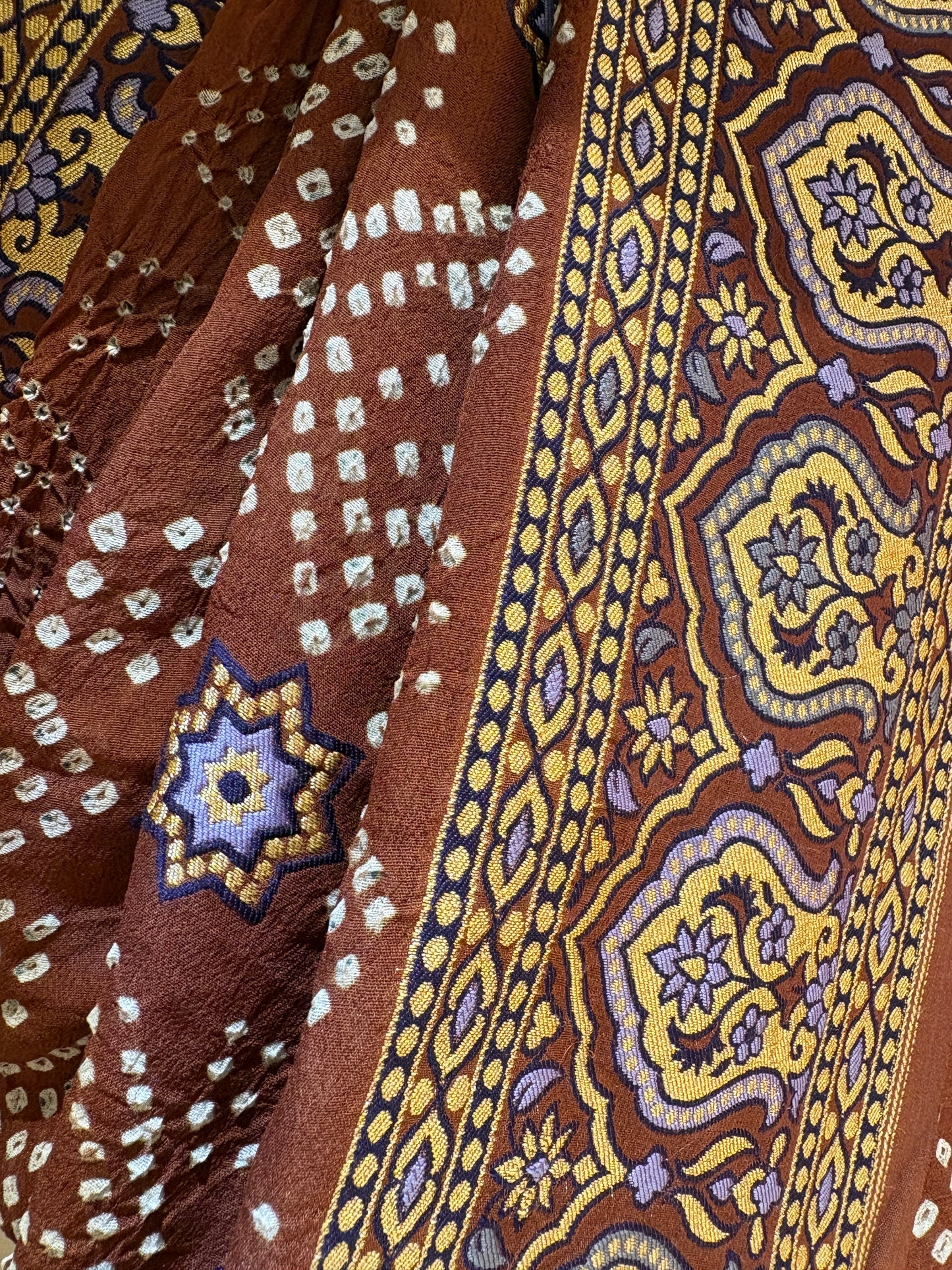 Ajrakh Weave Rai Dana Brown Bandhej Saree