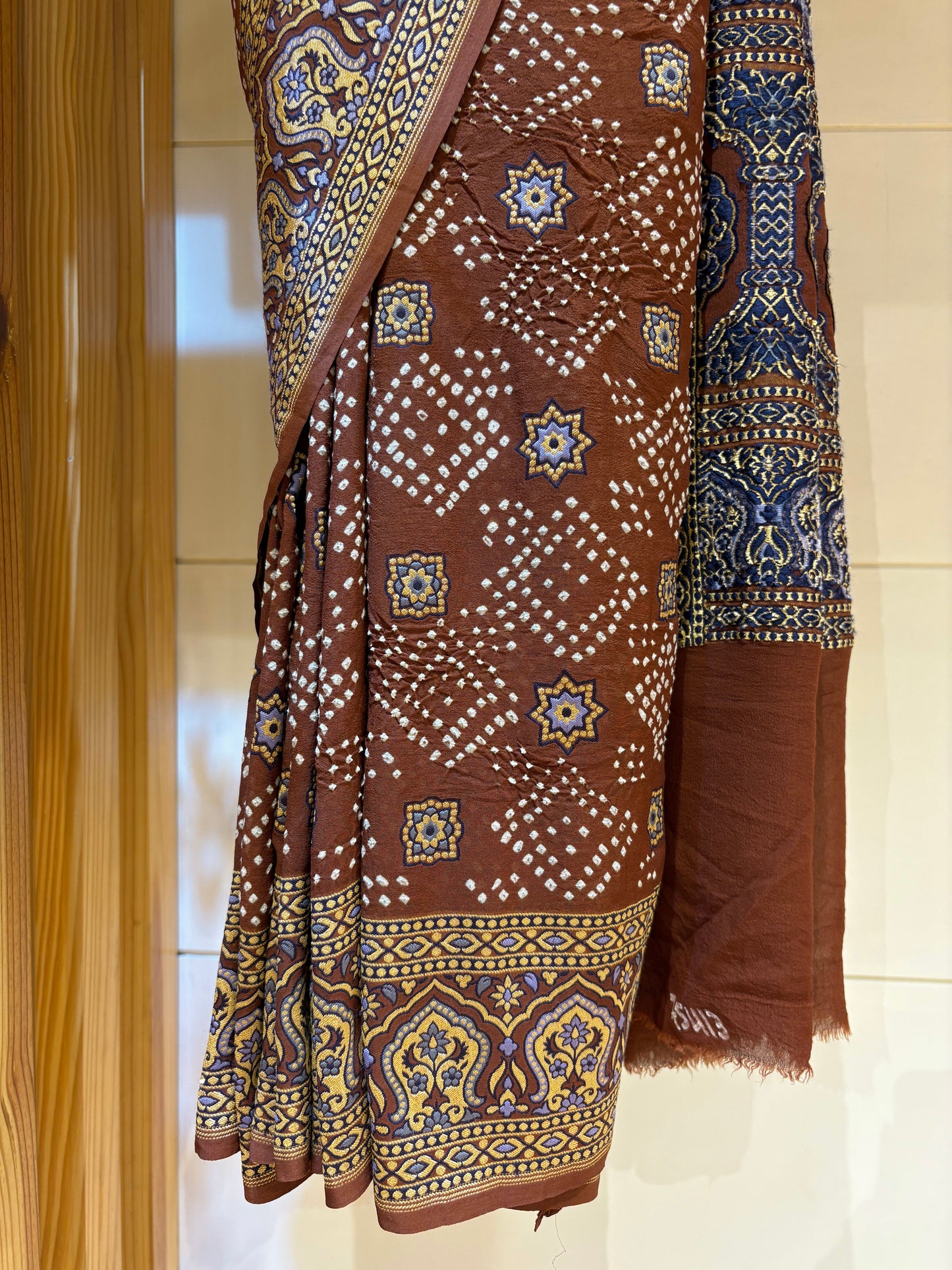 Ajrakh Weave Rai Dana Brown Bandhej Saree