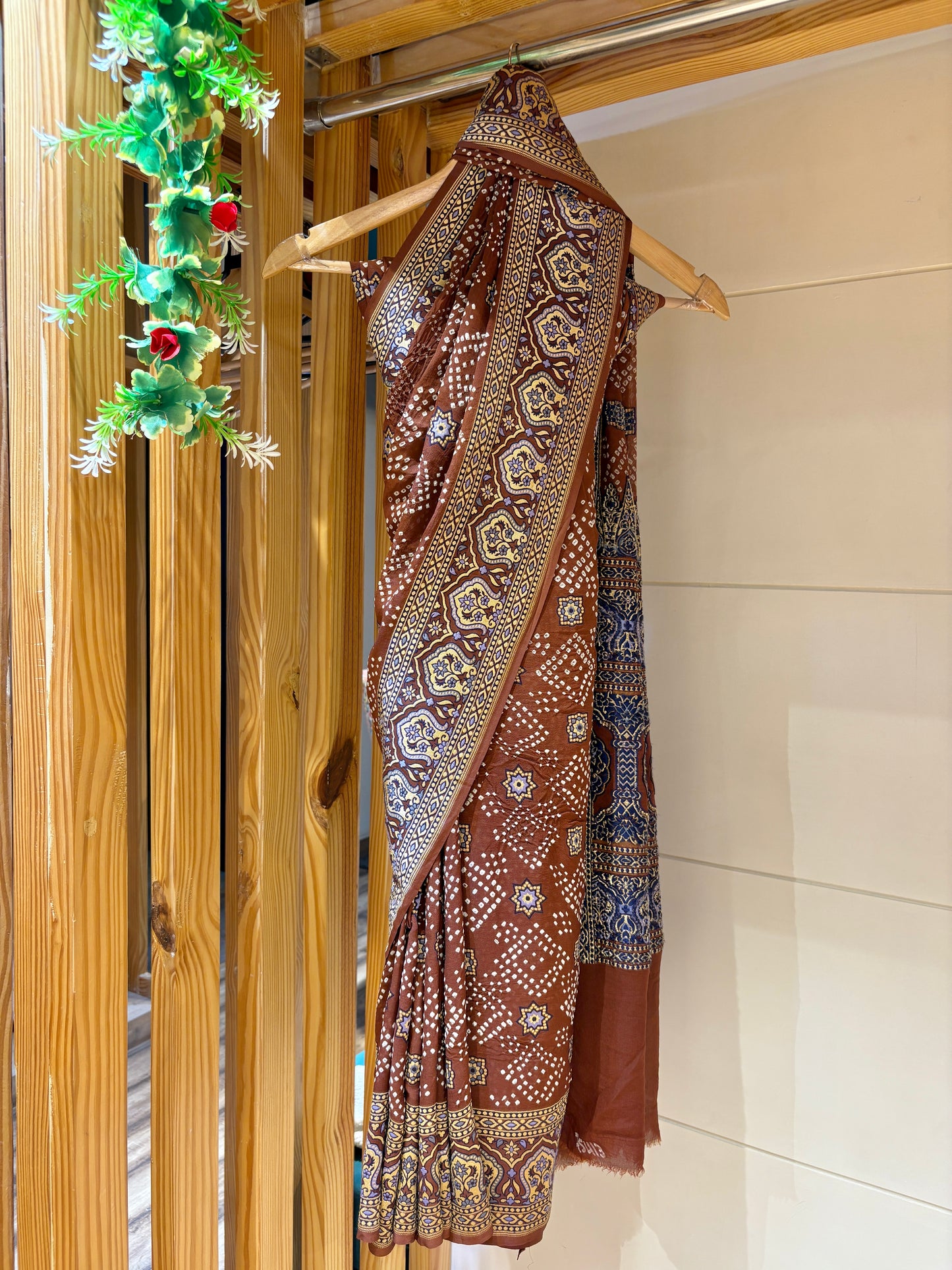 Ajrakh Weave Rai Dana Brown Bandhej Saree