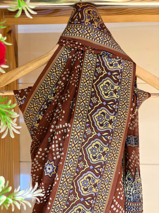 Ajrakh Weave Rai Dana Brown Bandhej Saree