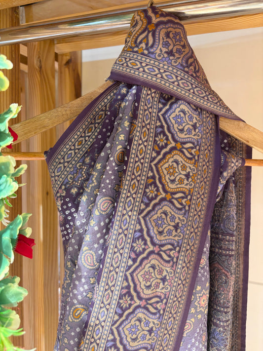 Ajrakh Weaving Purple Ombre Rai Dana Bandhej Saree