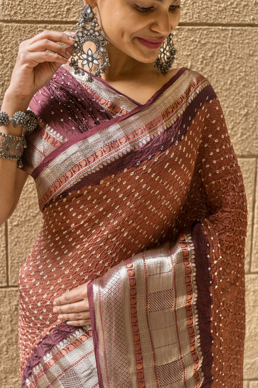 Kota Doria Rai Dana Brown Bandhej Saree