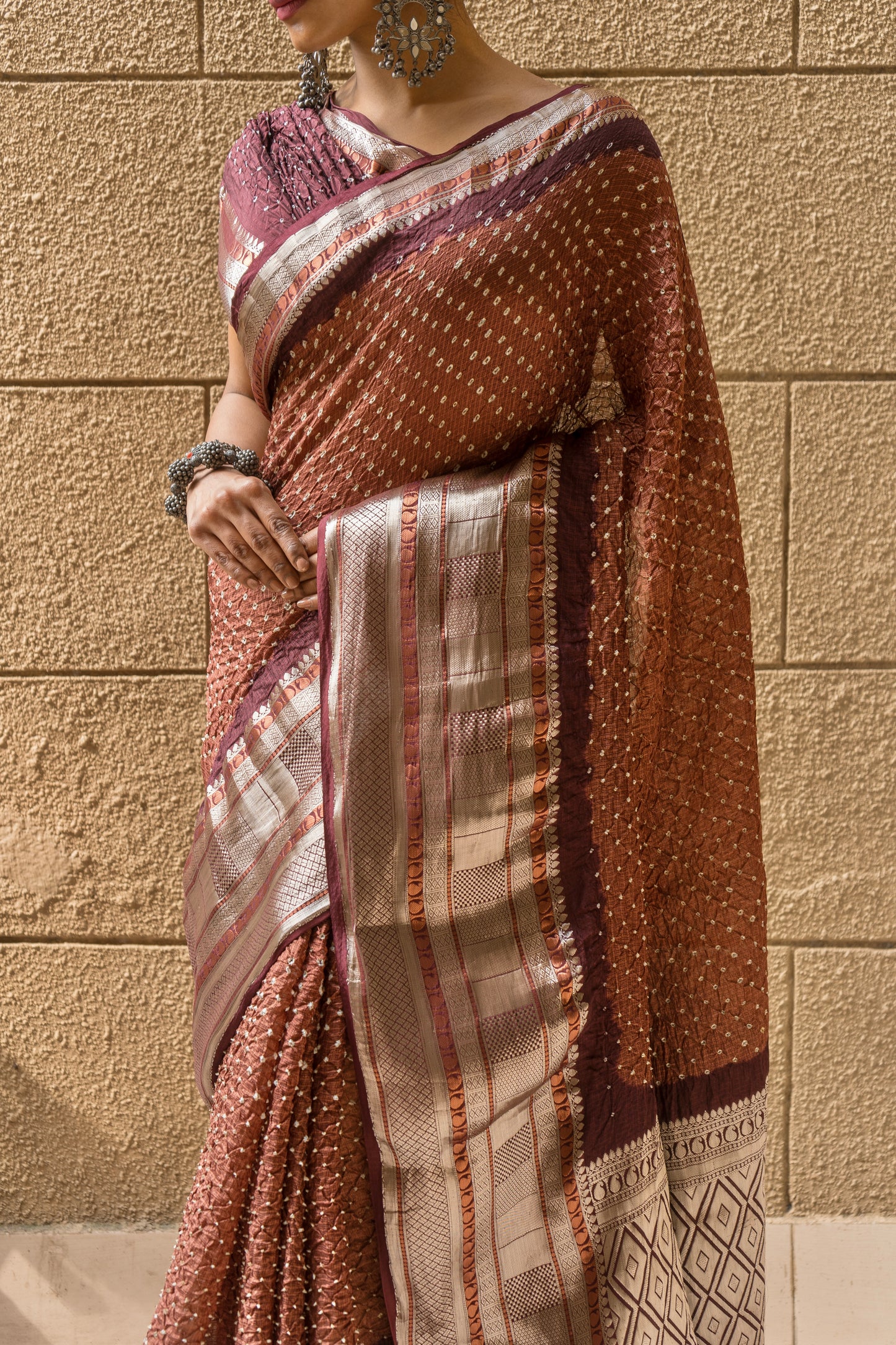 Kota Doria Rai Dana Brown Bandhej Saree