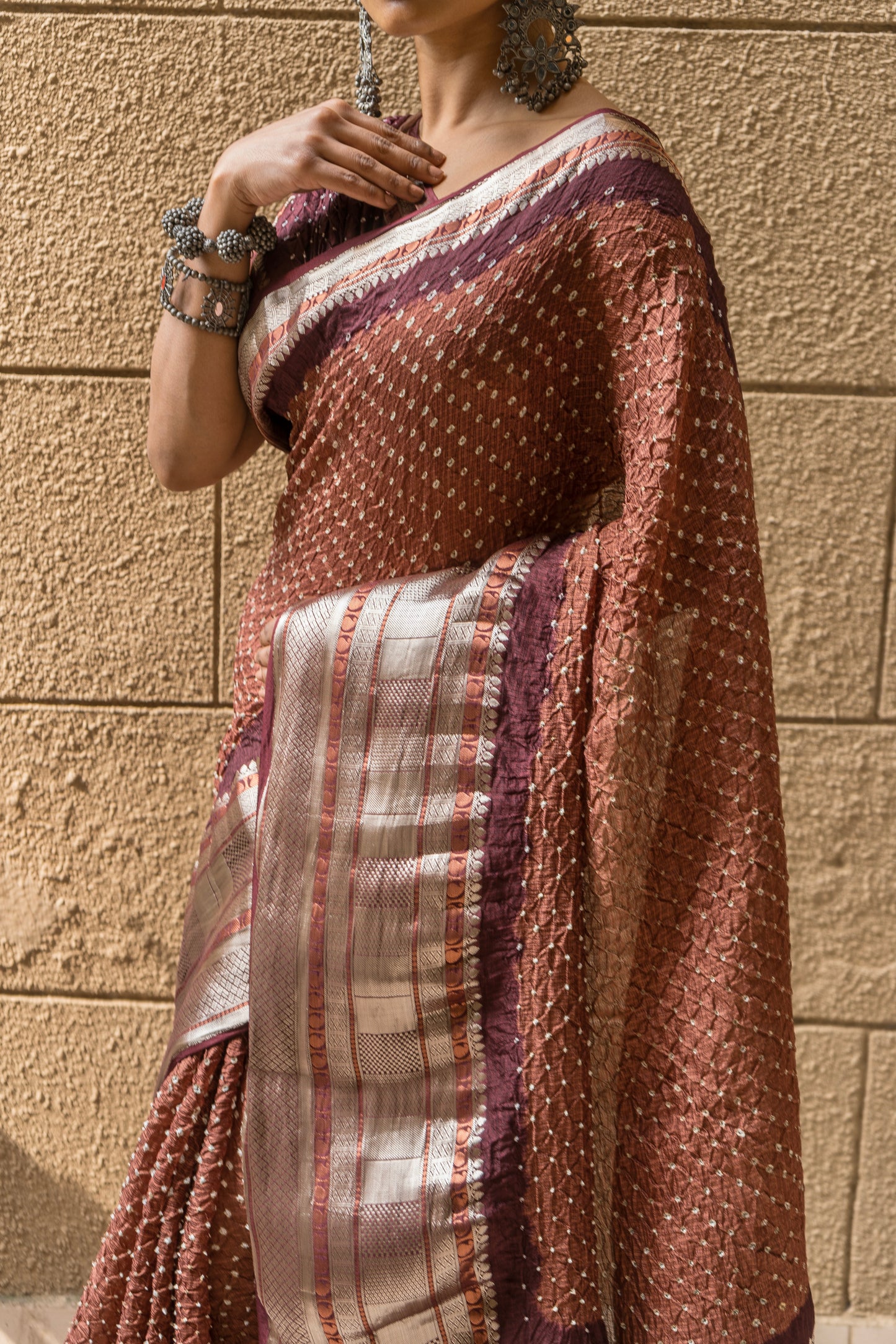 Kota Doria Rai Dana Brown Bandhej Saree