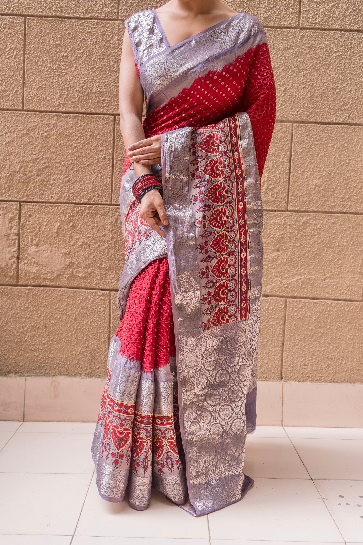 Skirt Border Katan Rai Dana Bandhej Saree (Red-Purple)