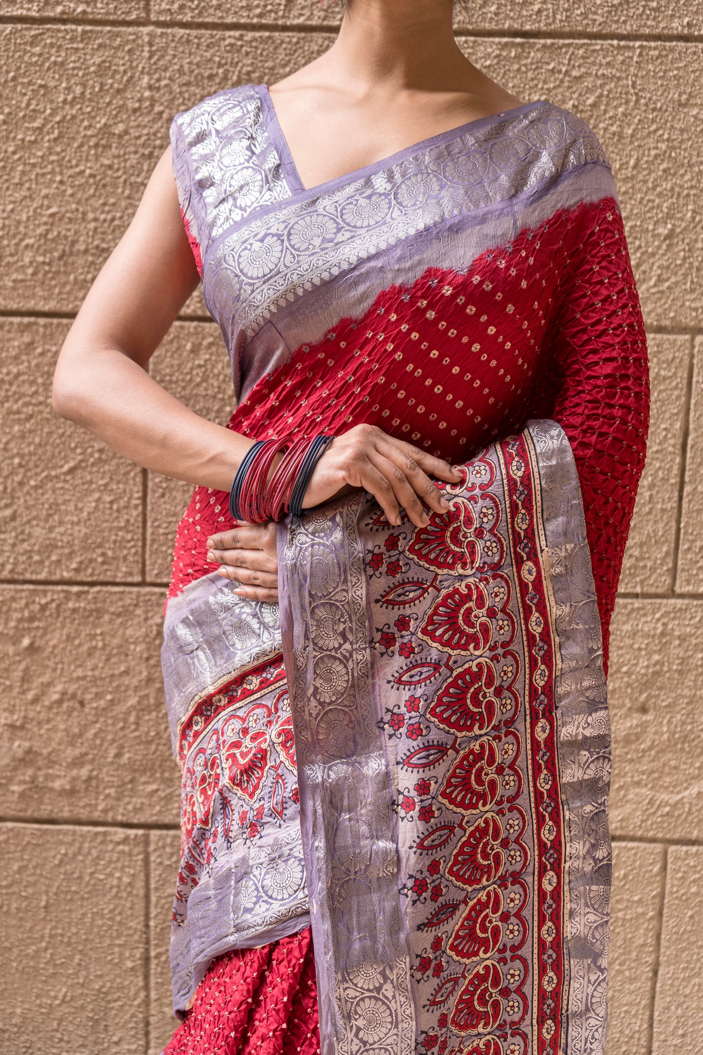 Skirt Border Katan Rai Dana Bandhej Saree (Red-Purple)