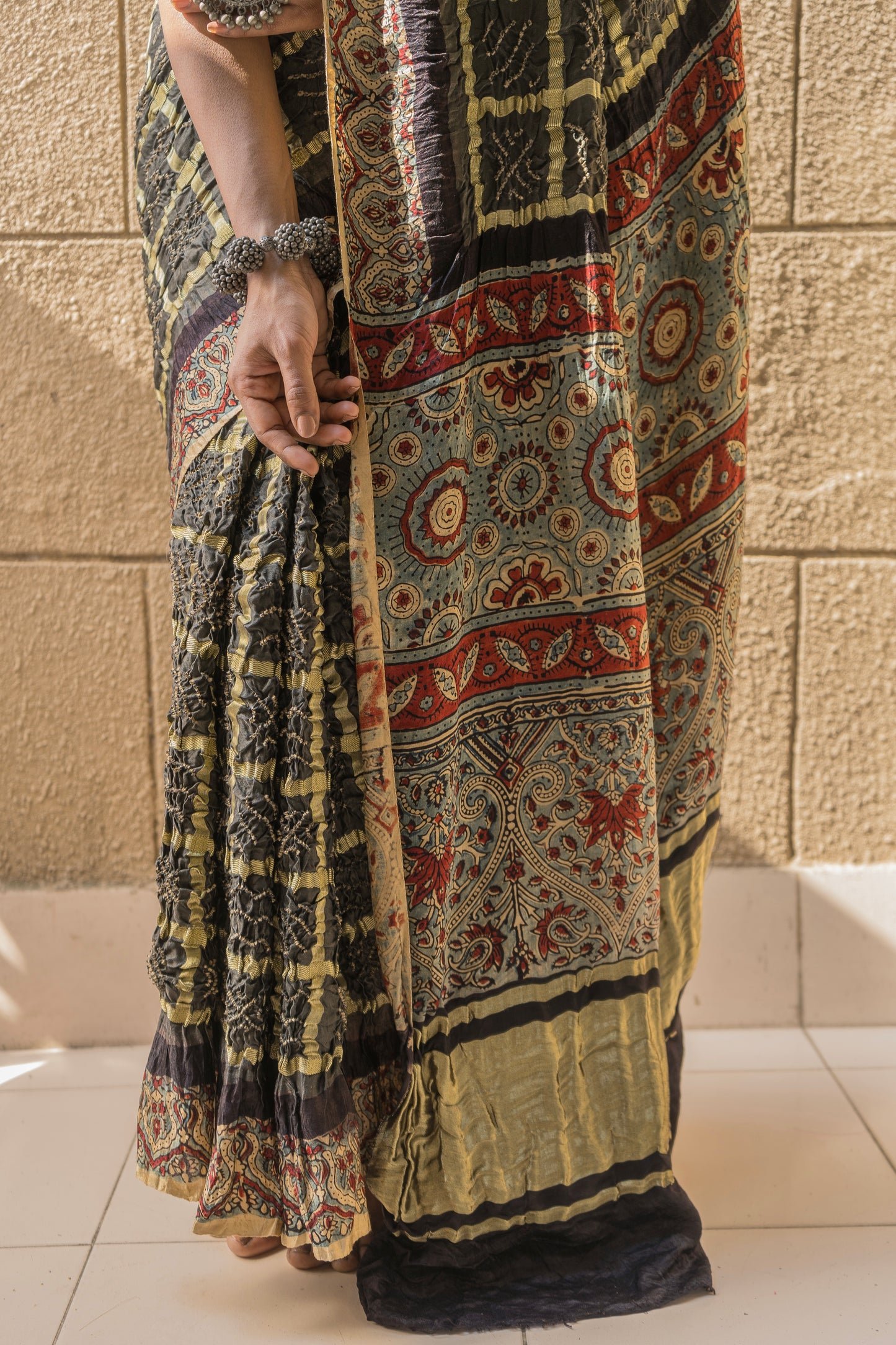 Gajji Ajrakh Gharchola Rai Dana Dark Grey Bandhej Saree