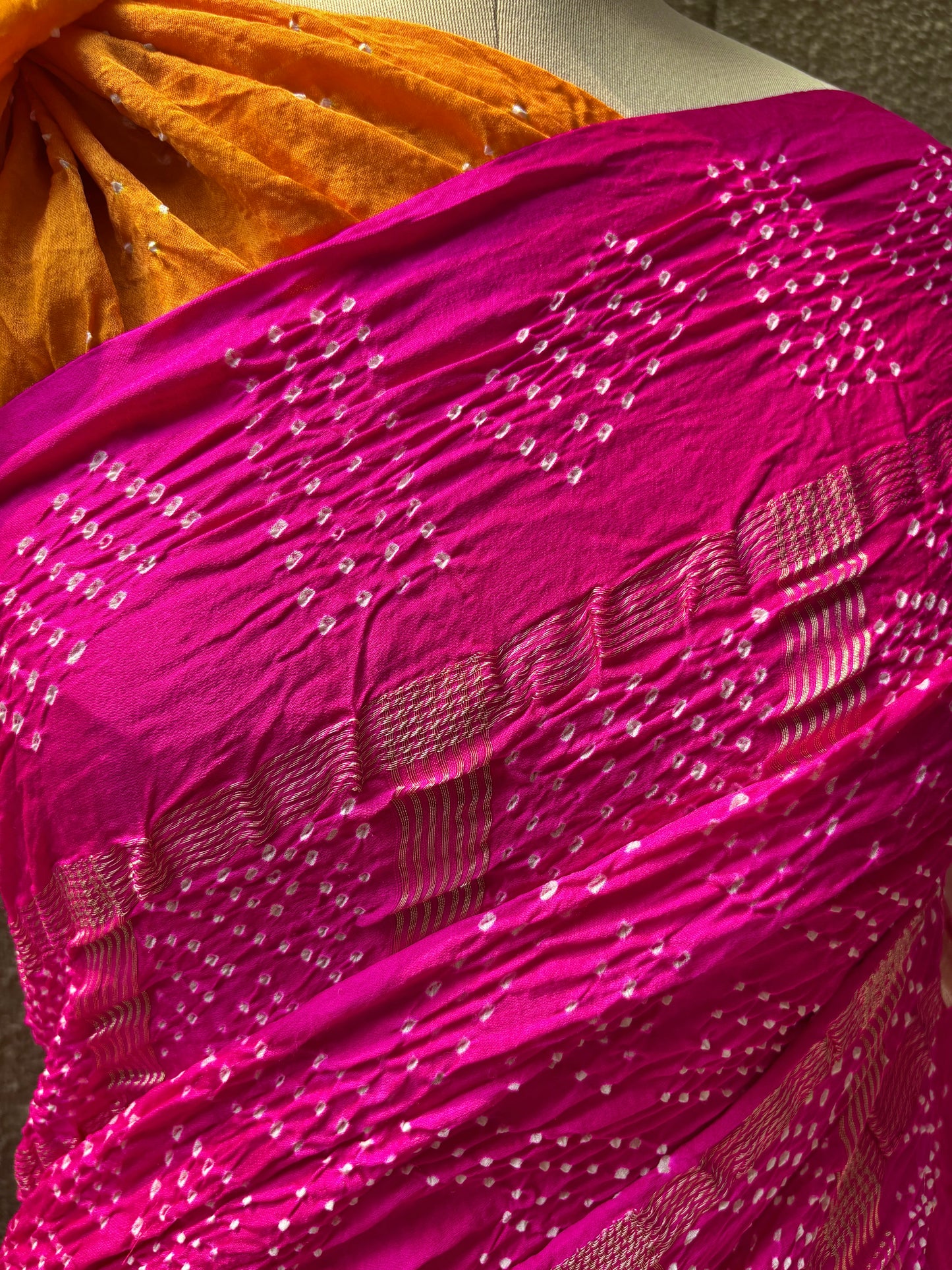 Gajji Rai Dana Ombre Pink-Red-Orange Bandhej Saree