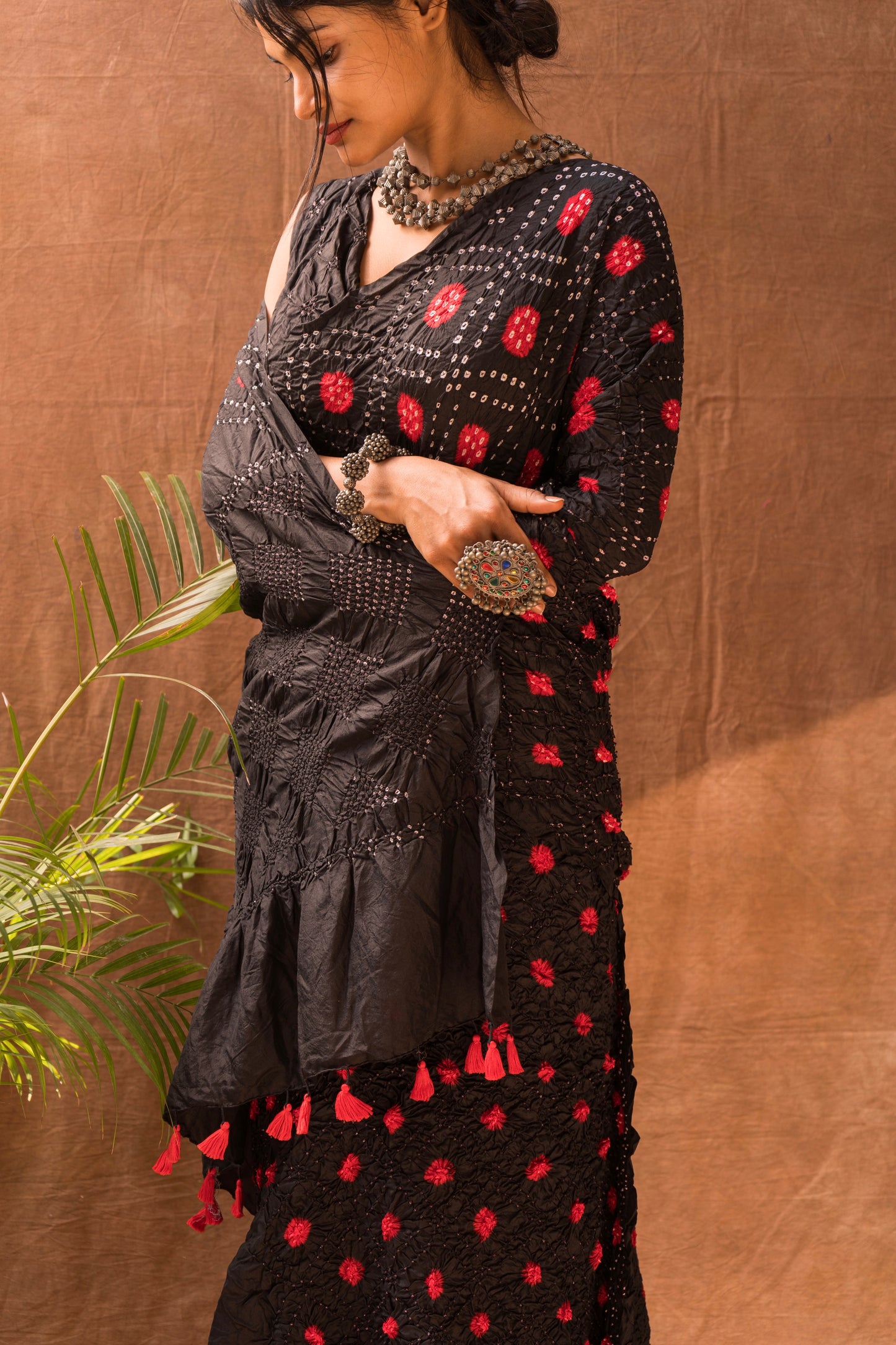 Mulberry Silk Rai Dana Black-Red Bandhej Saree