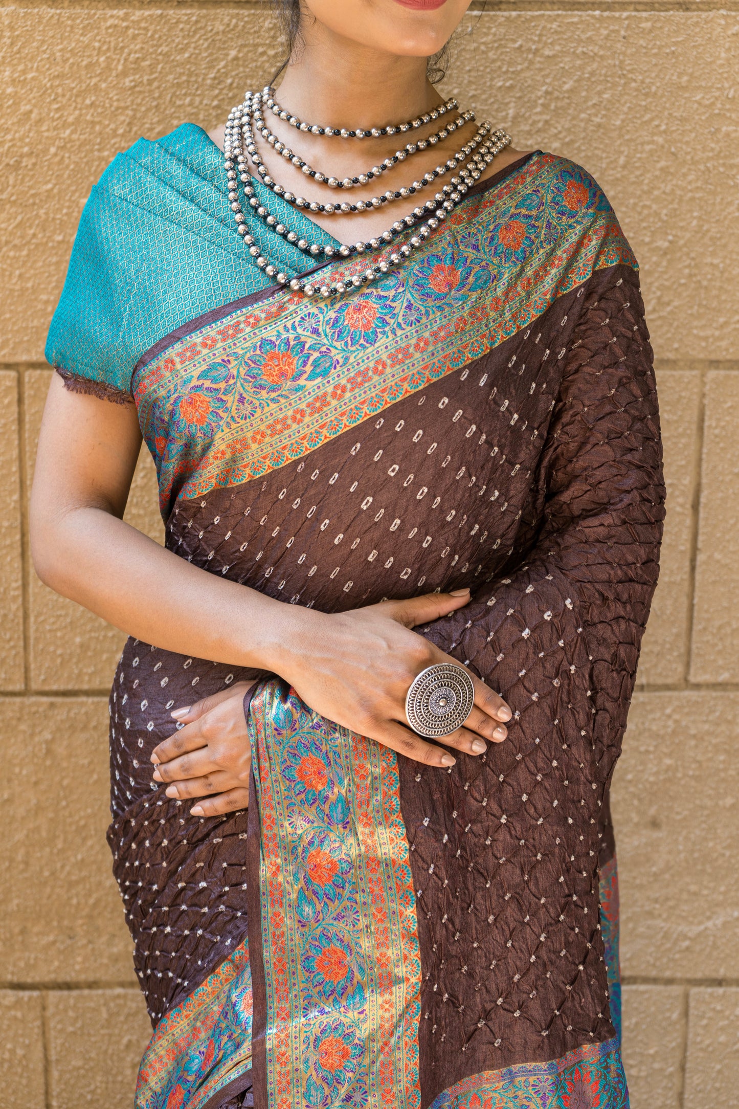 Tusser Rai Dana Bandhani Kalamkari - Chocolate Brown Saree