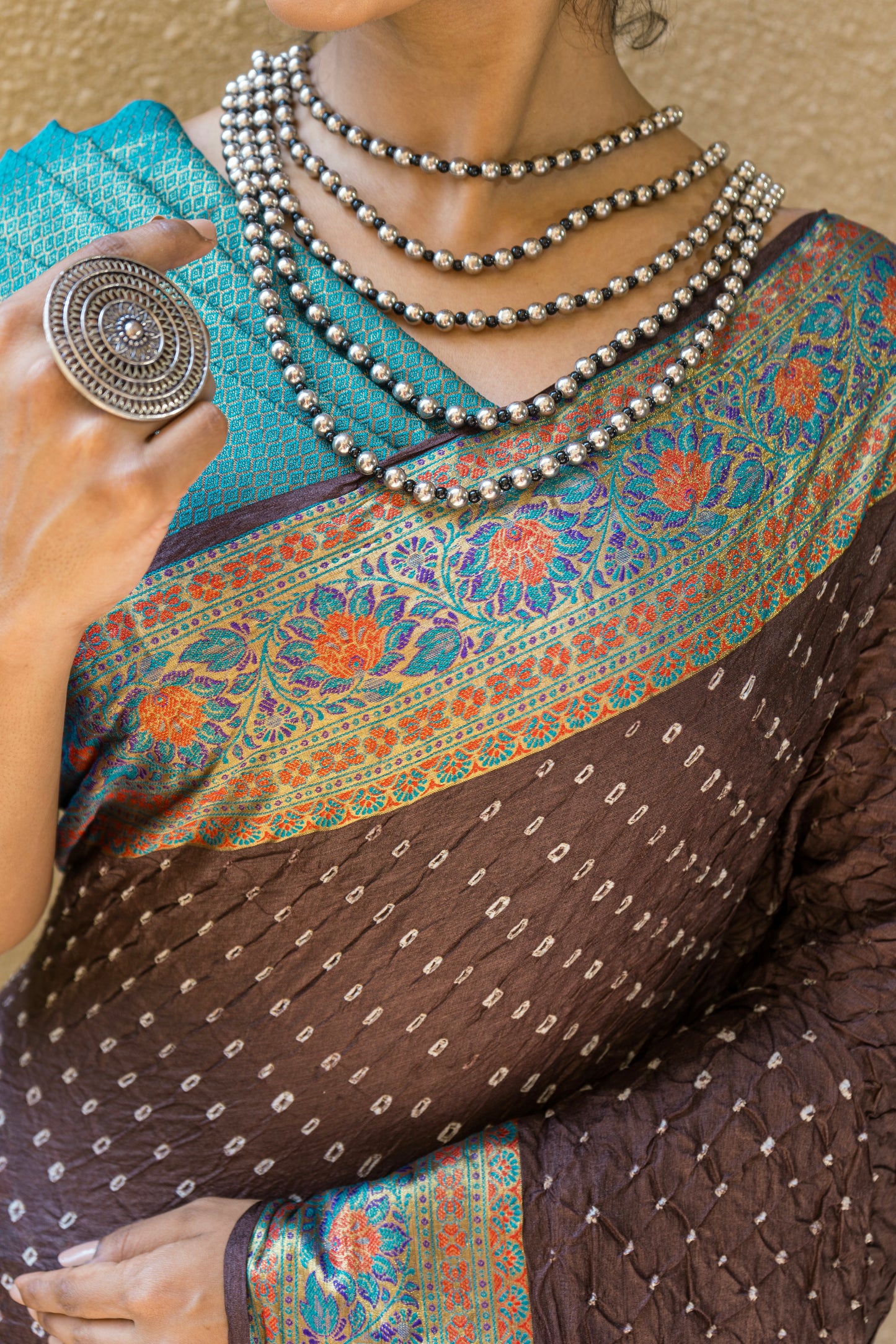 Tusser Rai Dana Bandhani Kalamkari - Chocolate Brown Saree