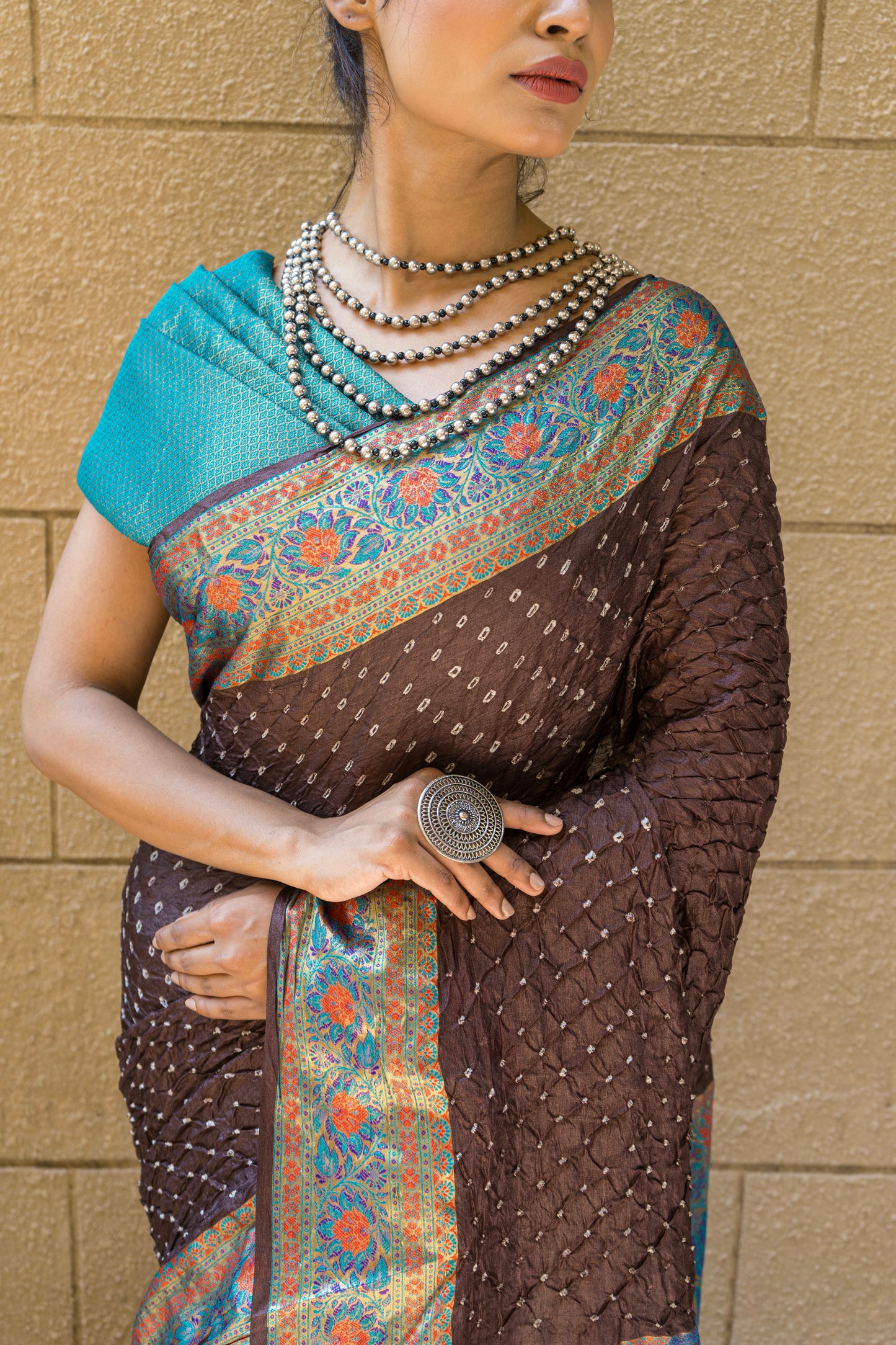 Tusser Rai Dana Bandhani Kalamkari - Chocolate Brown Saree