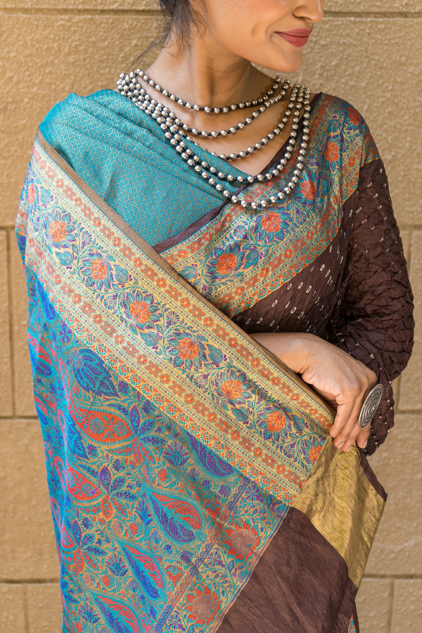 Tusser Rai Dana Bandhani Kalamkari - Chocolate Brown Saree