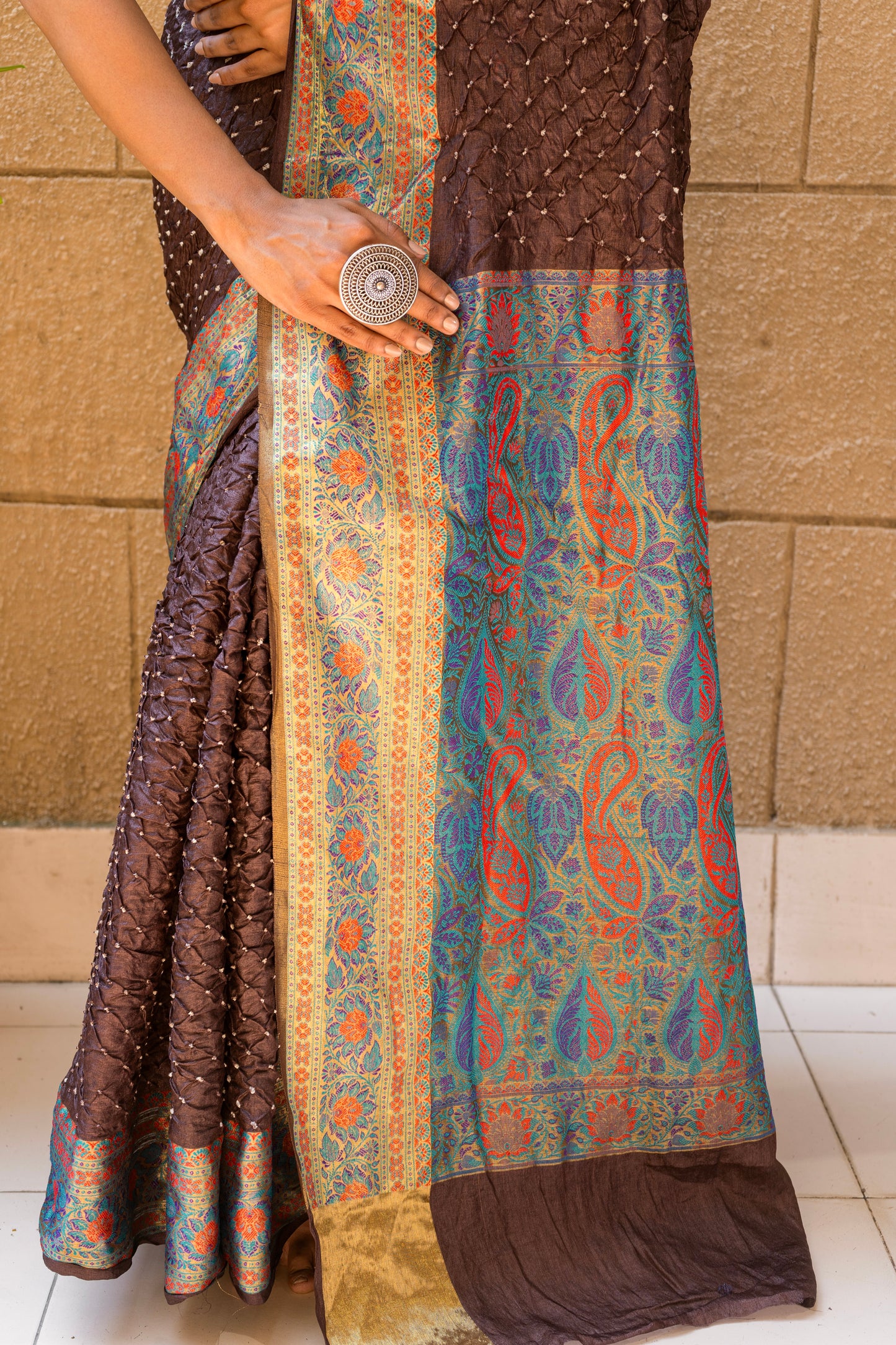 Tusser Rai Dana Bandhani Kalamkari - Chocolate Brown Saree