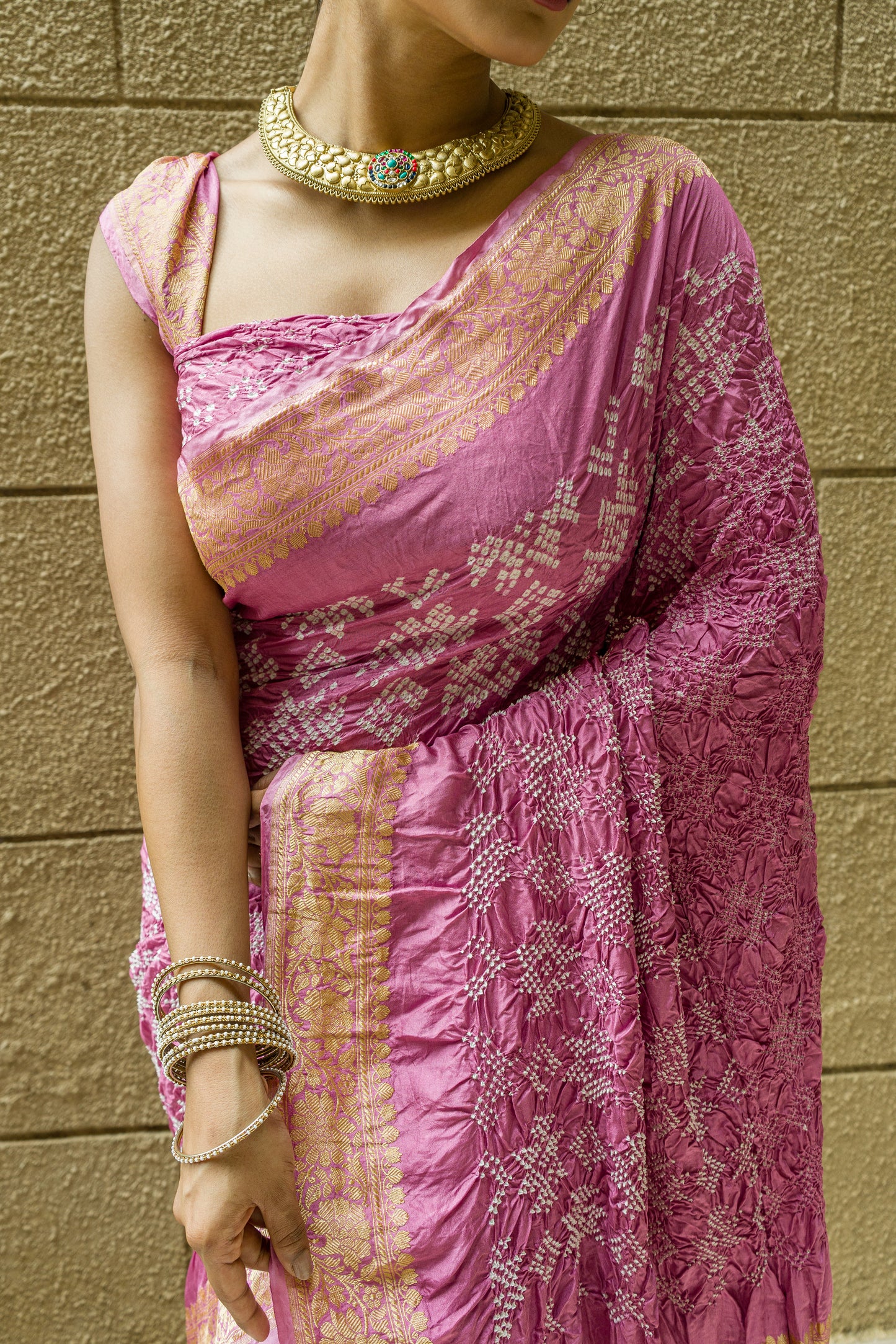 Lilac Real Zari Rai Dana Silk Bandhej Saree