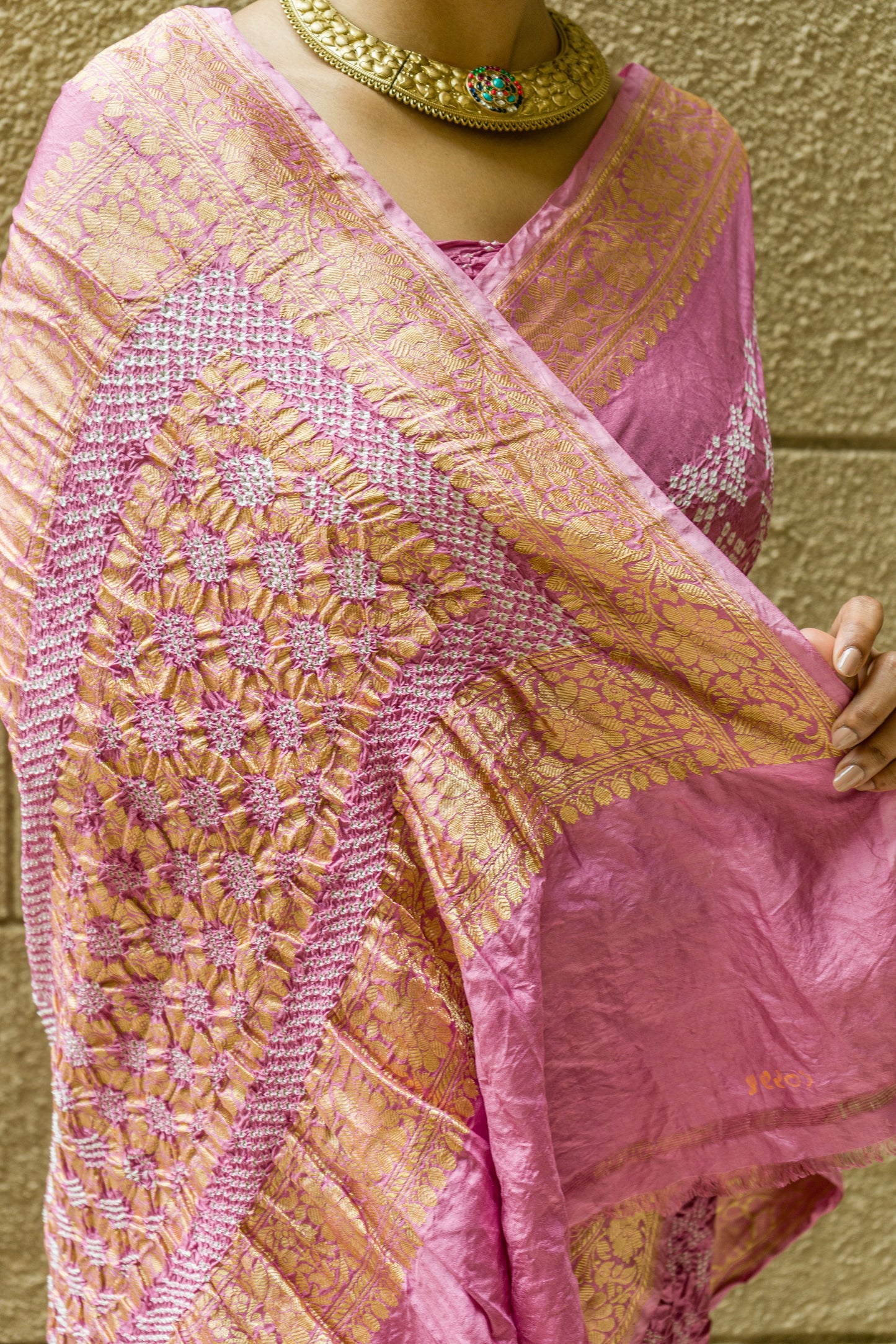 Lilac Real Zari Rai Dana Silk Bandhej Saree